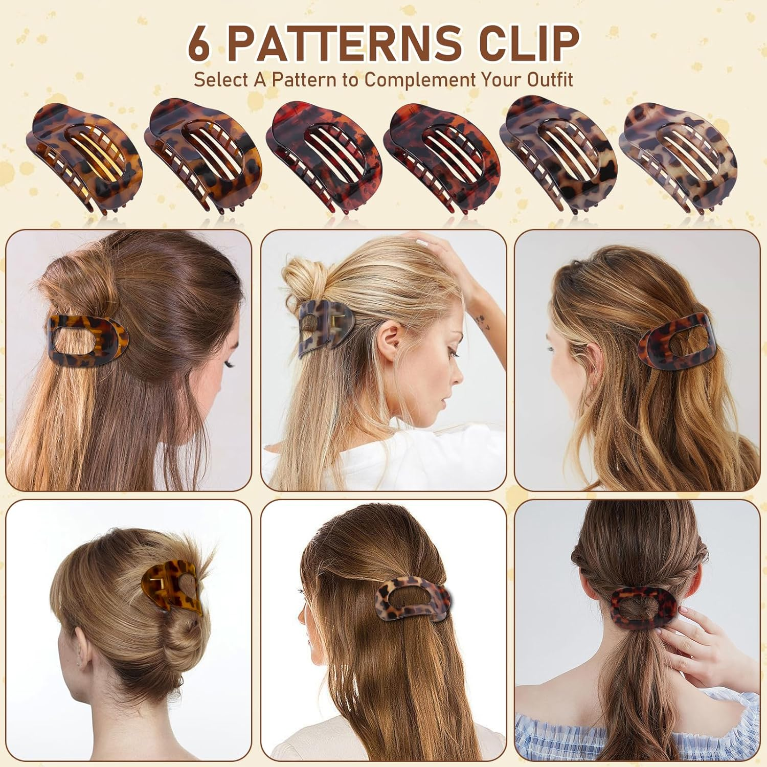 Flat Claw Clips for Women, 6 Pack Ergonomic Curved Hair Clips, Strong Hold Non-Slip Design for Thick & Thin Curly Hair, Leopard Print & Tortoise Shell Colors, Comfortable All-Day Wear for Girls image number 1