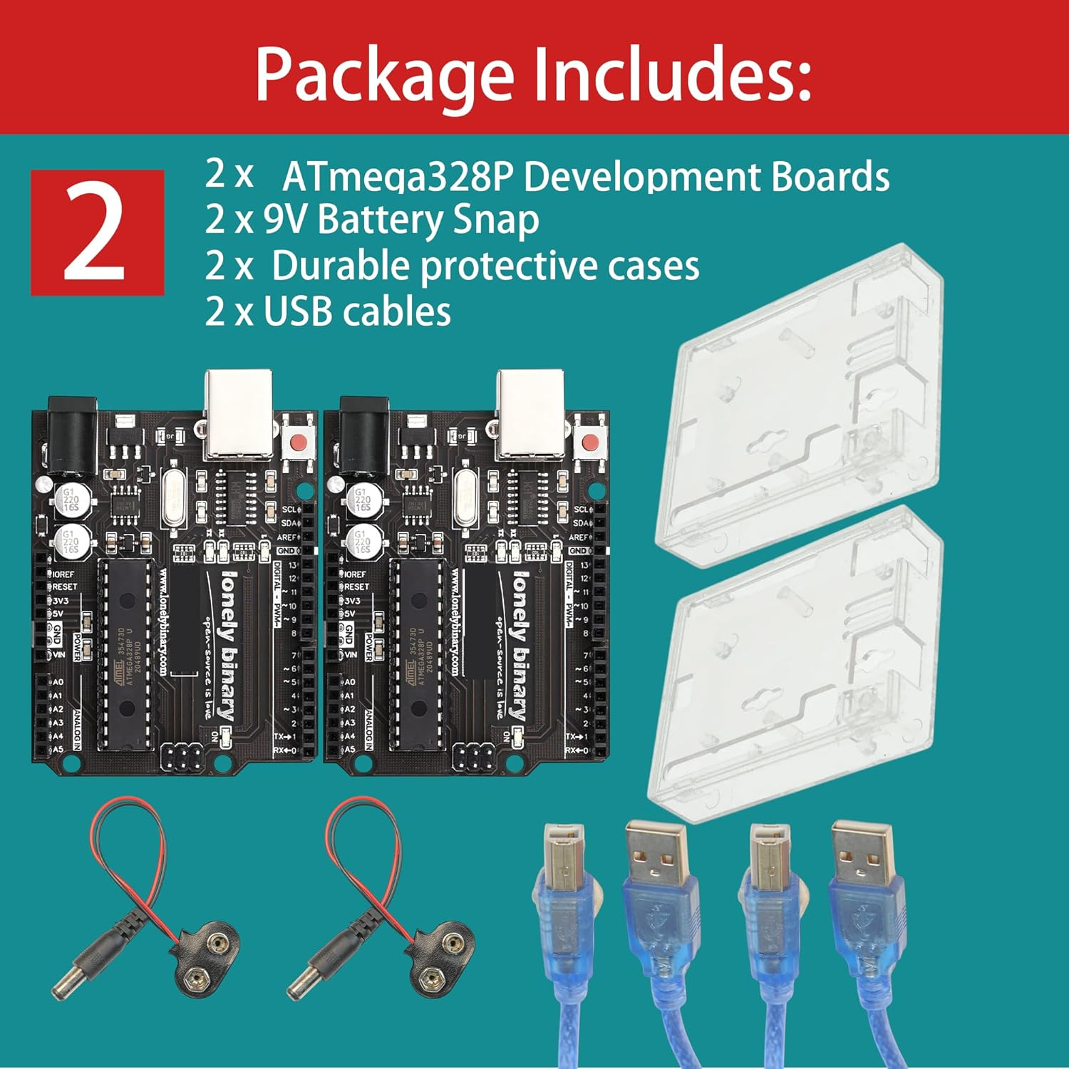 2- Pack UNO R3 Atmega328P Compatible Boards with USB Cable and Protective Case, Compatible with Arduino IDE, ESP32, Raspberry Pi (2-Pack Atmega328P Boards) image number 5
