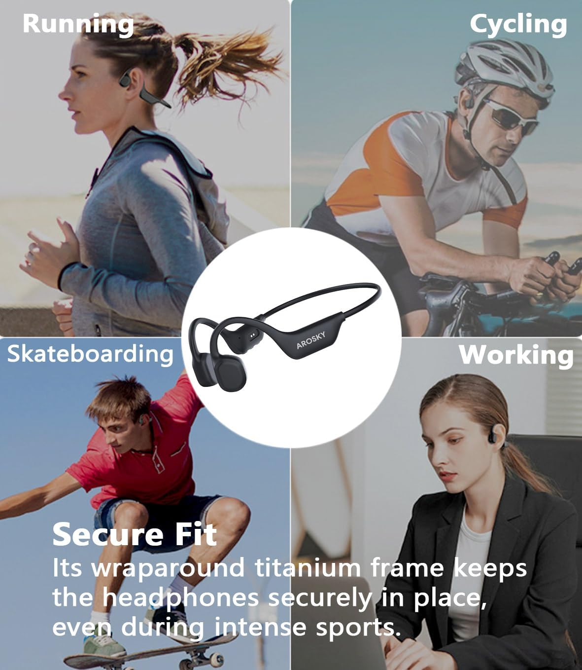 AROSKY Bone Conduction Headphones Bluetooth Wireless Earbuds Open Ear Headphones Wireless Waterproof Sweatproof Bluetooth Earbuds Earphones for Sports Running Gym Workout Cycling Exercise