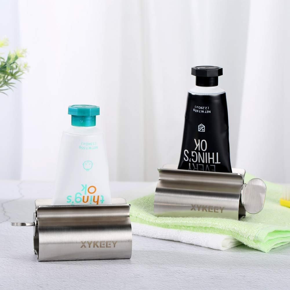 XYKEEY Toothpaste Tube Squeezer - Set of 2 Toothpaste Squeezer Rollers, Metal Toothpaste Tube Wringer Seat Holder Stand (Stainless Steel) image number 2