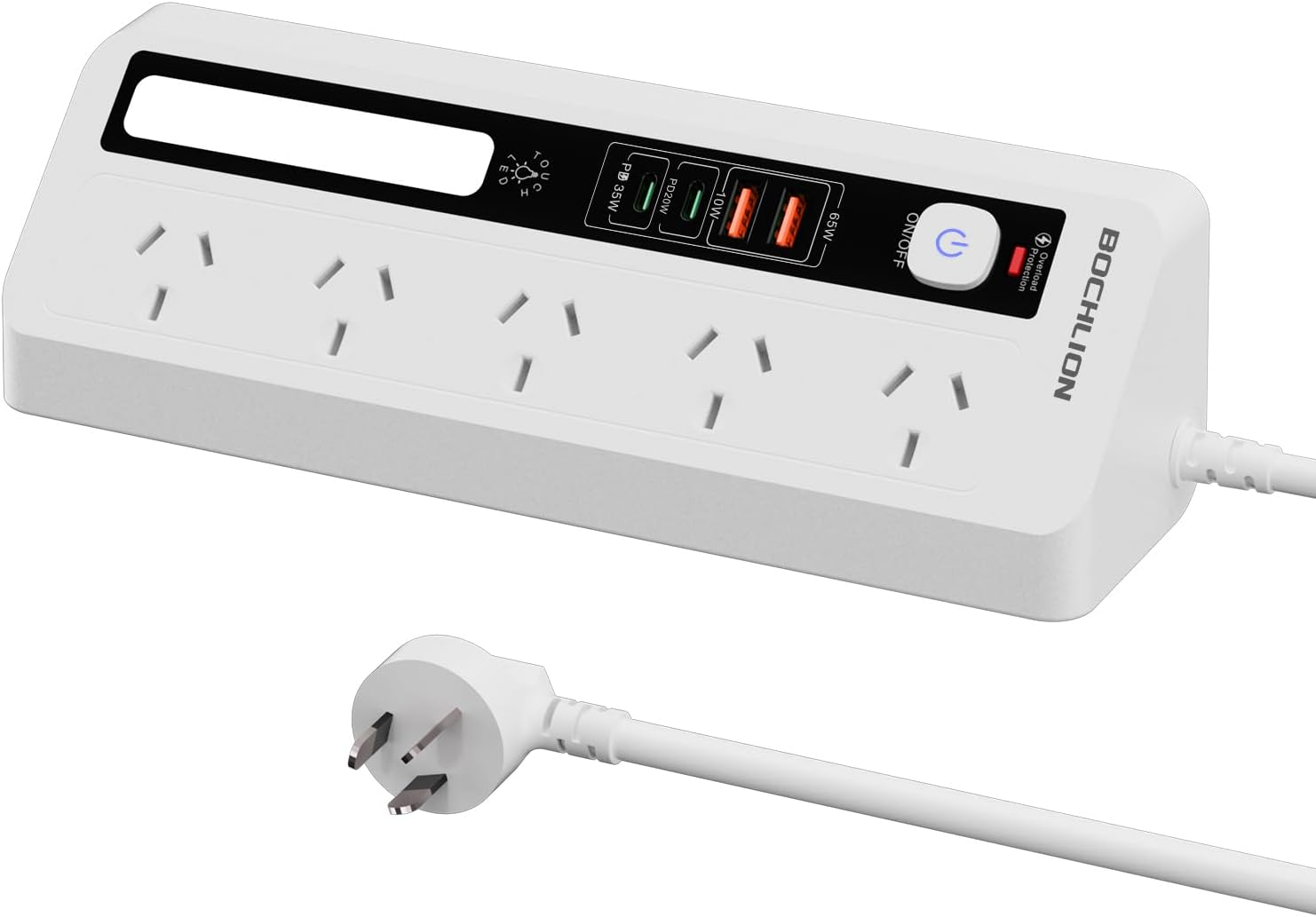 Desk Extension Lead with USB Slots, BOCHLION PD 35W + PD 20W Fast Charging Power Station with Night Light, 5 Way Plug Extension Socket Surge Protector, Desktop Power Strip 1.8M for Home Office (Black)