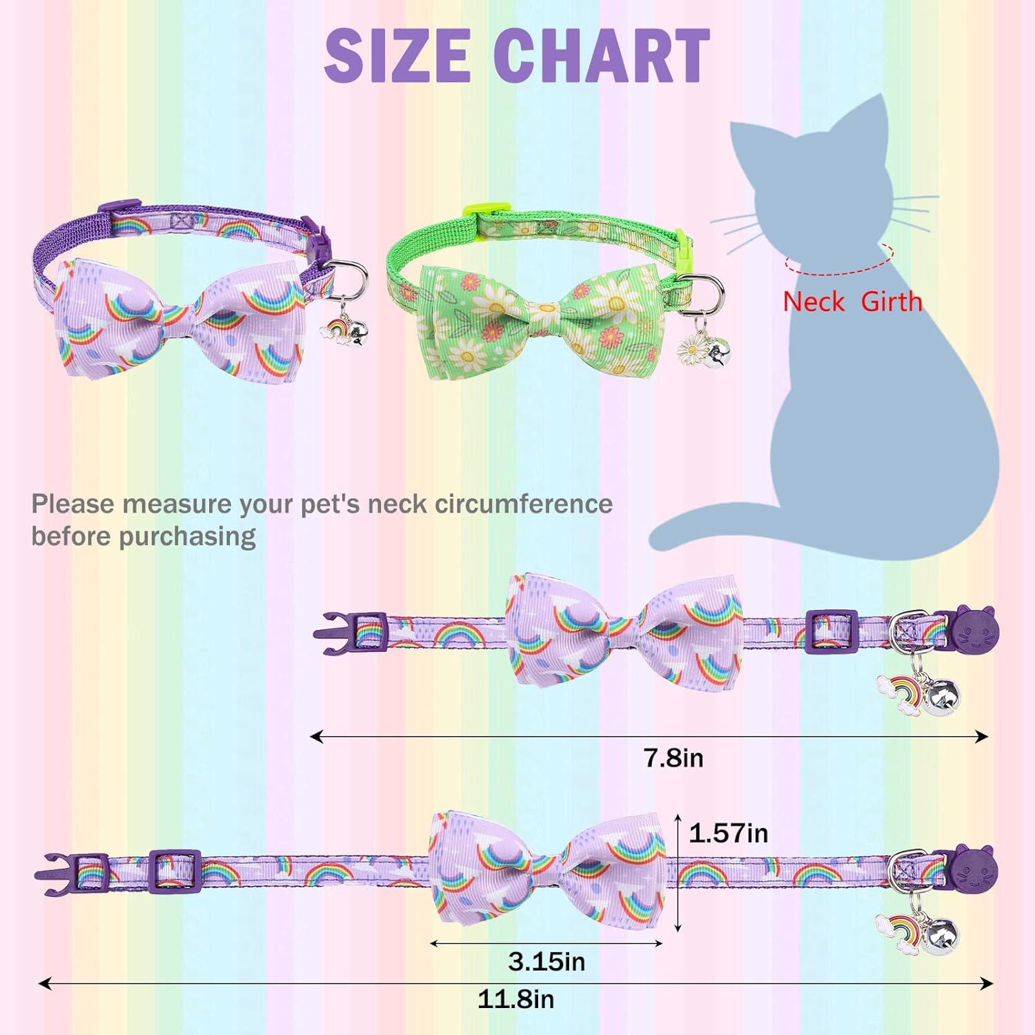 SCENEREAL Cat Collar with Bells, 2 Pcs Breakaway Cat Collars with Adustable Bowtie, Safety Kitten Collar for Boy Girl Cats Puppy, Cute Rainbow & Floral Pet Collar, Green & Purple - Butterfly  Avocado image number 3