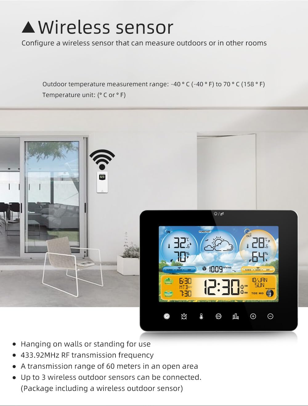 Weather Station Indoor Outdoor Thermometer with Remote Sensors and Touch Color Screen Weather Thermometer Forecast Station with Sunrise Sunset Time and Tide Level image number 2