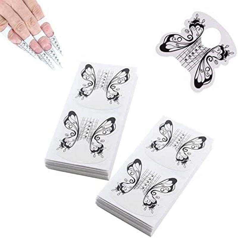 VNC 200 Pcs Nail Form Guide Acrylic Tip Extension Forms Black and White Color Sticker Rroll Manicure Tool for Acrylic UV Gel Nail Art Tips Butterfly Shape Long Nail Extension Bluider Forms