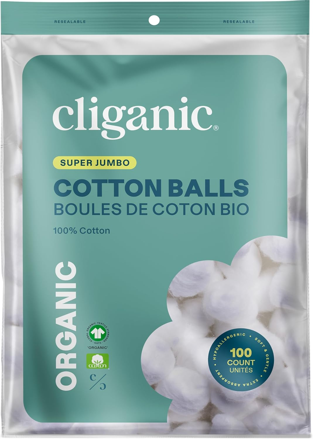 Cliganic Organic Super Jumbo Cotton Balls (100 Count) - Hypoallergenic, Absorbent, Large Size, 100% Pure (Packaging May Vary)