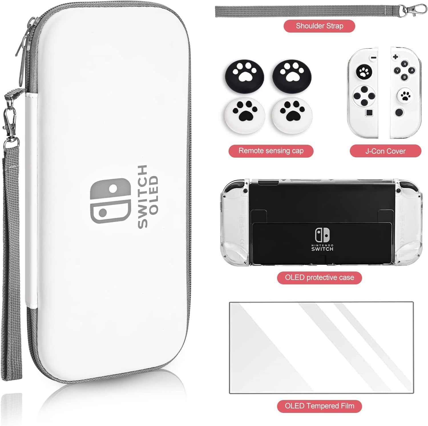 Carrying Case for Nintendo Switch & Switch Oled,Compact and Portable Storage Set with Tempered Film, Switch OLED Crystal Case, Thumb Grip Accessories