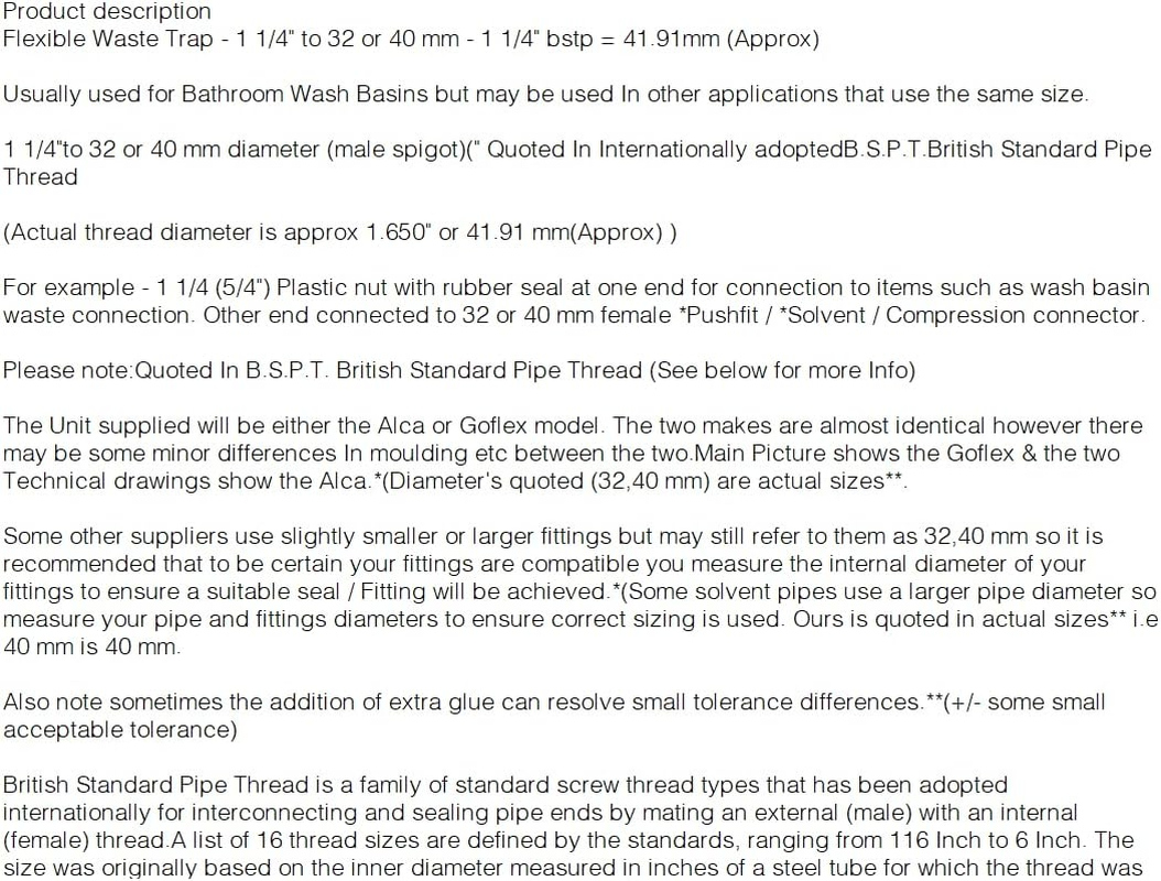 Waste Trap - 1 1/4 to 32/40Mm - Universal - Flexi Waste - Basin - Flexible Pipe Connector image number 1