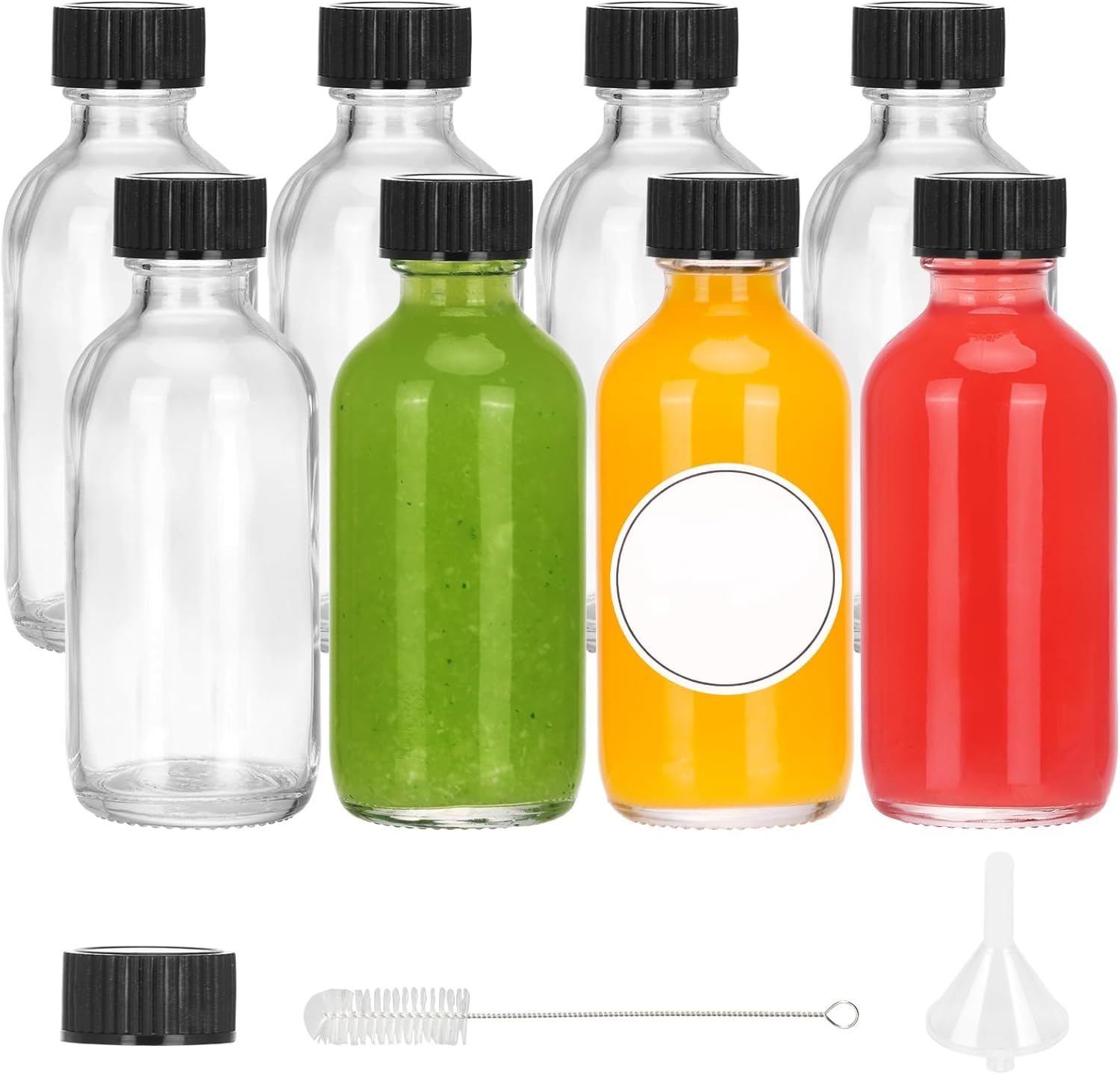 CUCUMI 8Pcs Glass Bottles with Caps, 2Oz Small Glass Juice Bottles, Shot Bottles with Caps, Small Glass Jars with Lids, Funnels, Waterproof Stickers and Brush