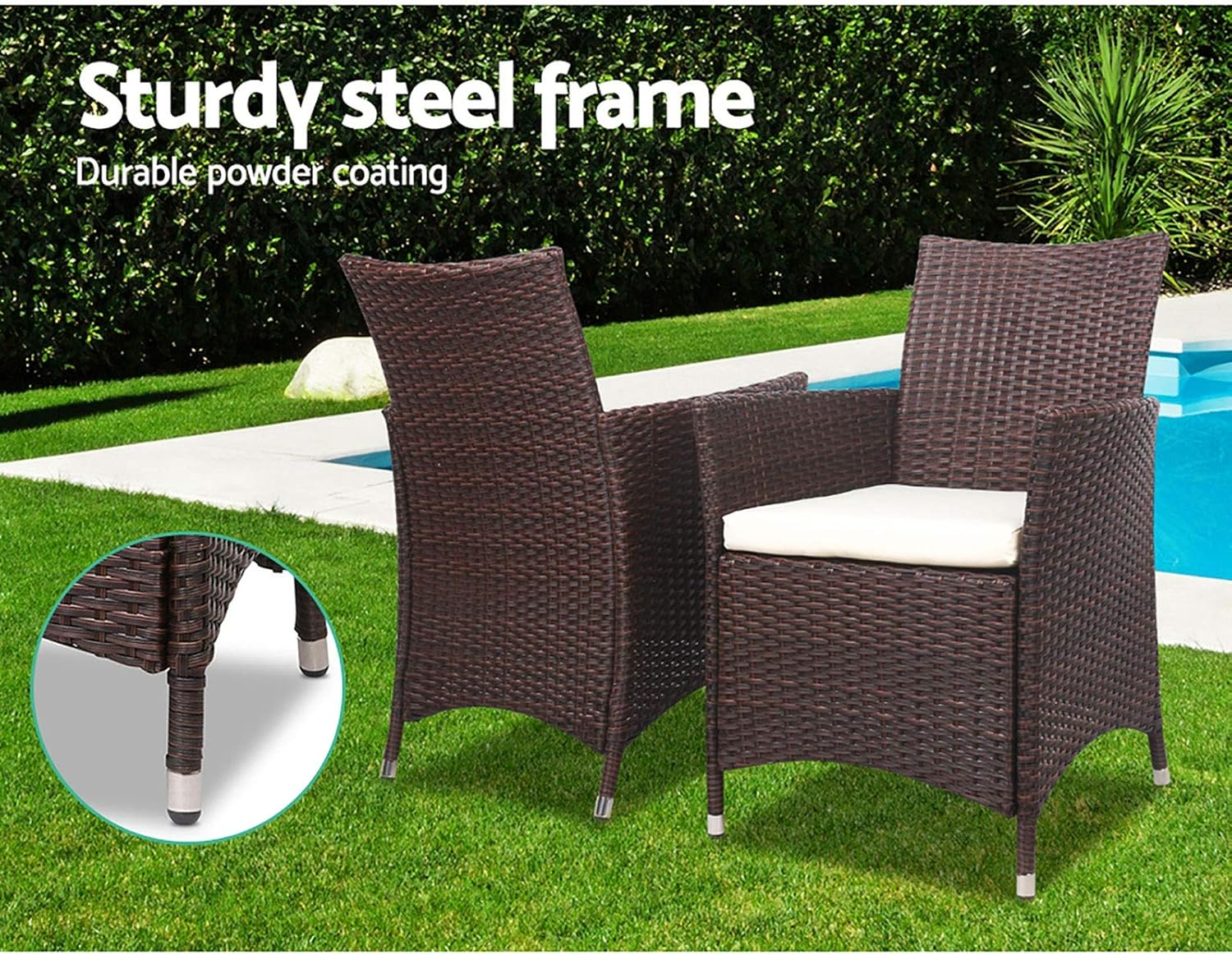 Gardeon 3Pcs Wicker Patio Furniture, Bistro Set Table and Chairs Outdoor Lounge Setting Conversation Sets Dining Chair Garden Backyard, Cushion with Rattan Coffee Table Glass Tabletop Black image number 6