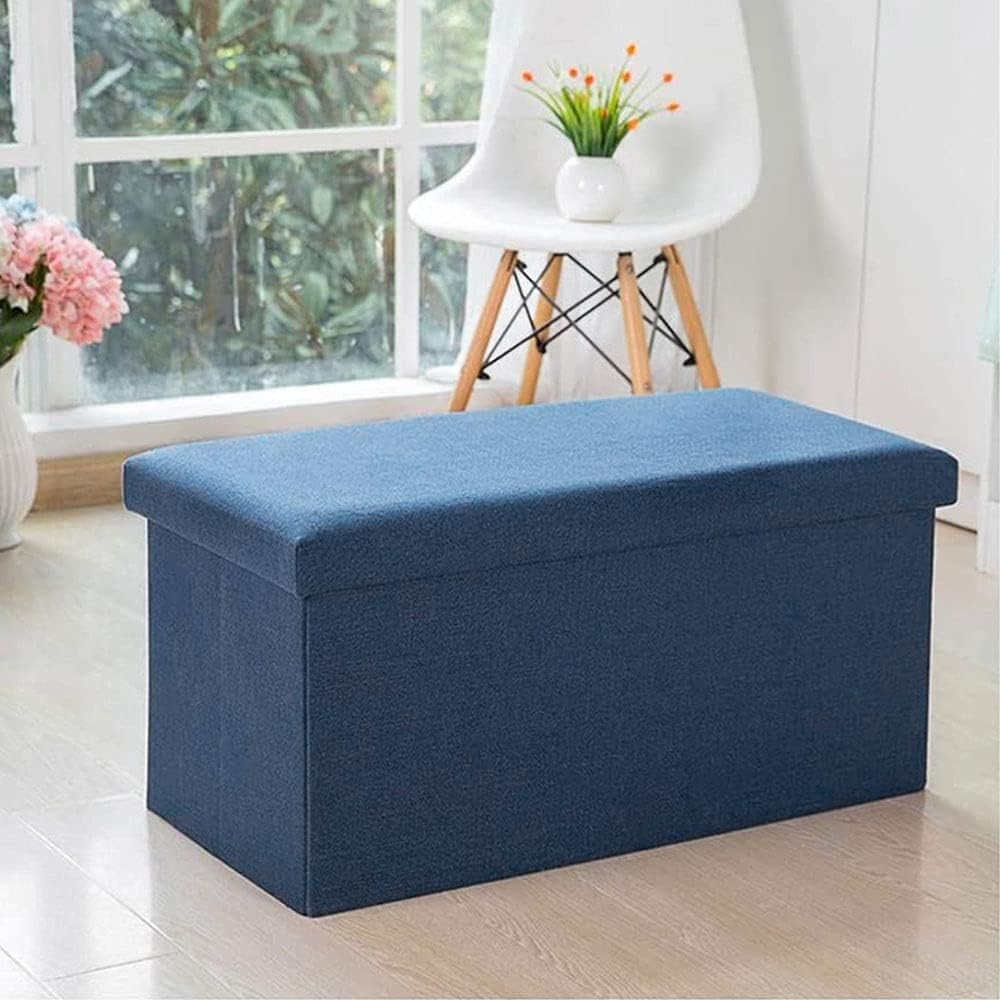 Folding Storage Ottoman Bench, 110L Oversized Savings Storage Bench for Bedroom and Hallway, Versatile Space-Saving Storage Box with Storage Chest Footrest Padded Seat (Deep Blue)