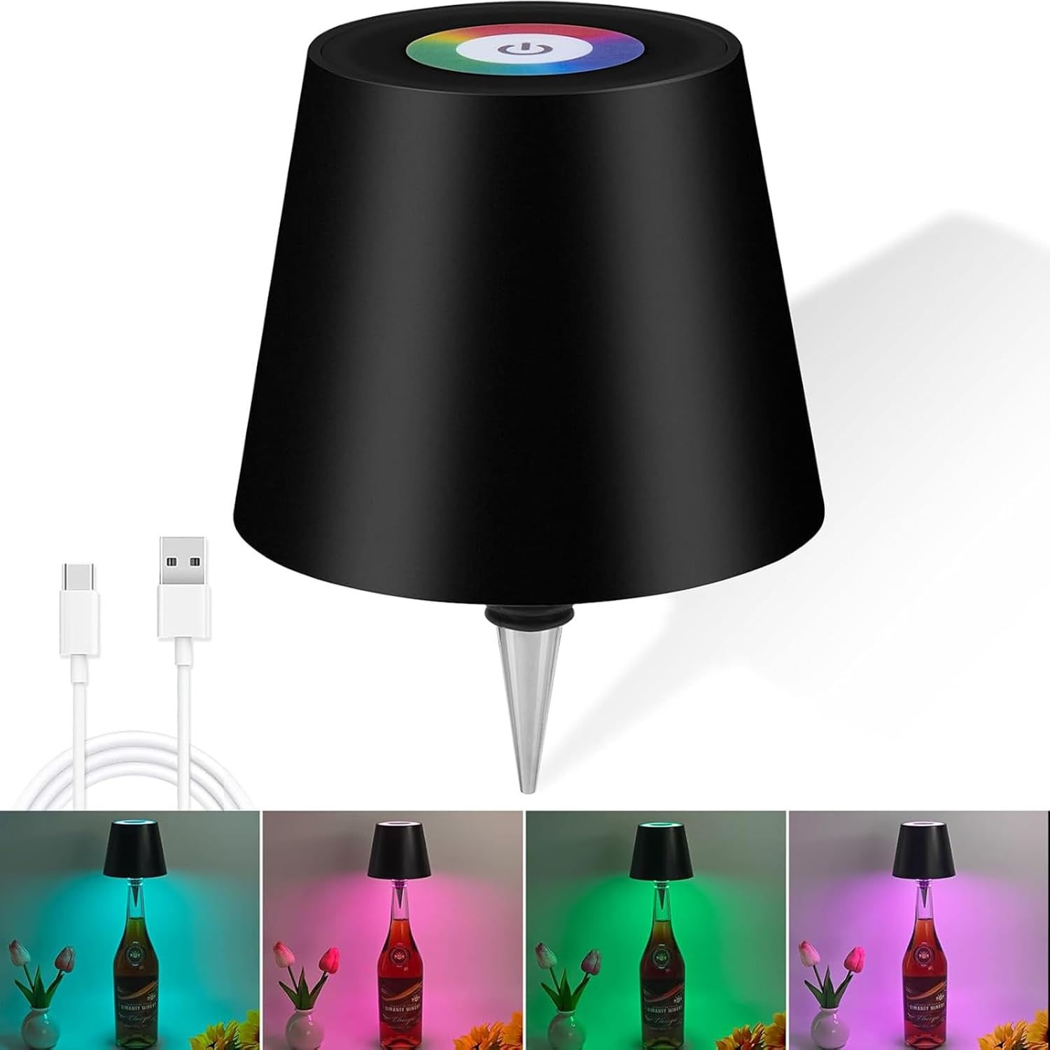 Wireless Bottle Lamp 2000Mah, RGB Mode & 3 Color Stepless Dimming Touch Table Lamp, Rechargeable Atmosphere Lamp for Bars, Cafes, Restaurants, Bedrooms, Outdoor Environments (Black, 1Pcs) image number 1