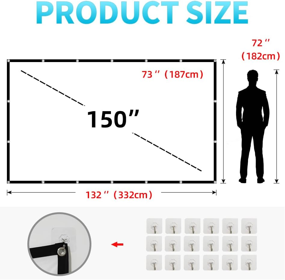 Projector Screen,150&ldquo; 4K 16:9 HD Rear Front Projector Screen Anti-Crease Foldable Projection Screen Double-Sided Portable Outdoor Indoor Projector Screen for Movie Home Theater Yard Travel (150) image number 2