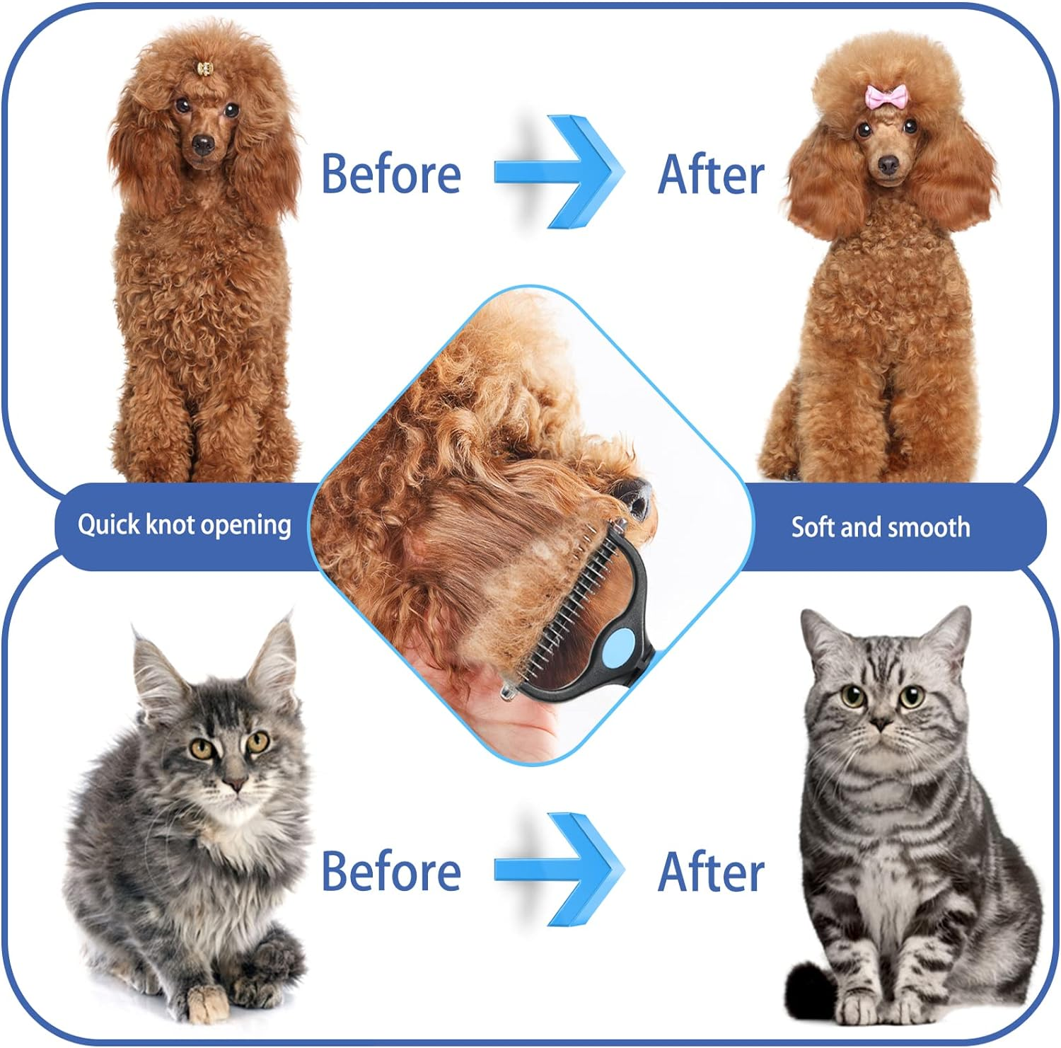 Sebtle Pet Grooming Brush, Double Sided Shedding and Dematting Undercoat Rake Comb, Deshedding Pet Brush for Dogs Cats Removes Knots & Tangles (Azure with a Comb) image number 3