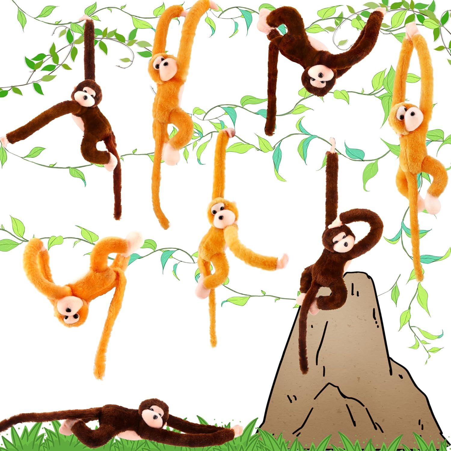 Kugliwa 8 Pcs Hanging Monkey Stuffed Animal Toys Plush Monkey Toy Cute Soft Lifelike Monkey Plush Toys for Jungle Forest Animal Theme Party Favors Birthday Gift, 24 Inch (Color Set 2)
