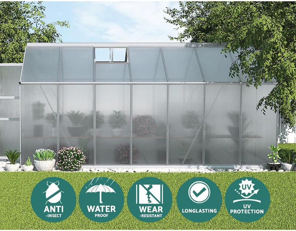 Green Fingers Greenhouse Polycarbonate House Garden Shed Walk-In Gardening Supplies Plant Stand Storage,410 X 250Cm Aluminium Frame with Lockable Door, Gutter System and Opening Roof Vents image number 6