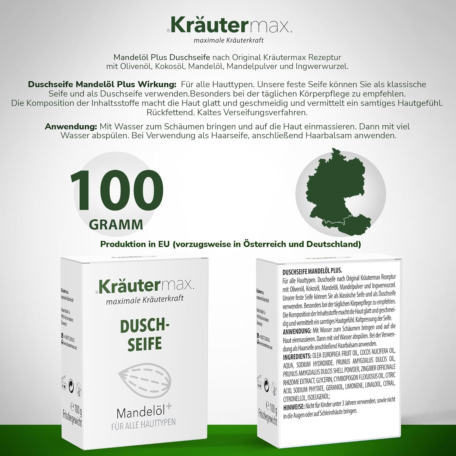 Kr&auml;utermax Almond Oil Soap Shower Soap for Men and Women - Solid Shower Gel Natural Cosmetics - Also as Solid Shampoo 2-In-1 - Natural Soap Piece 1 X 100 G image number 4