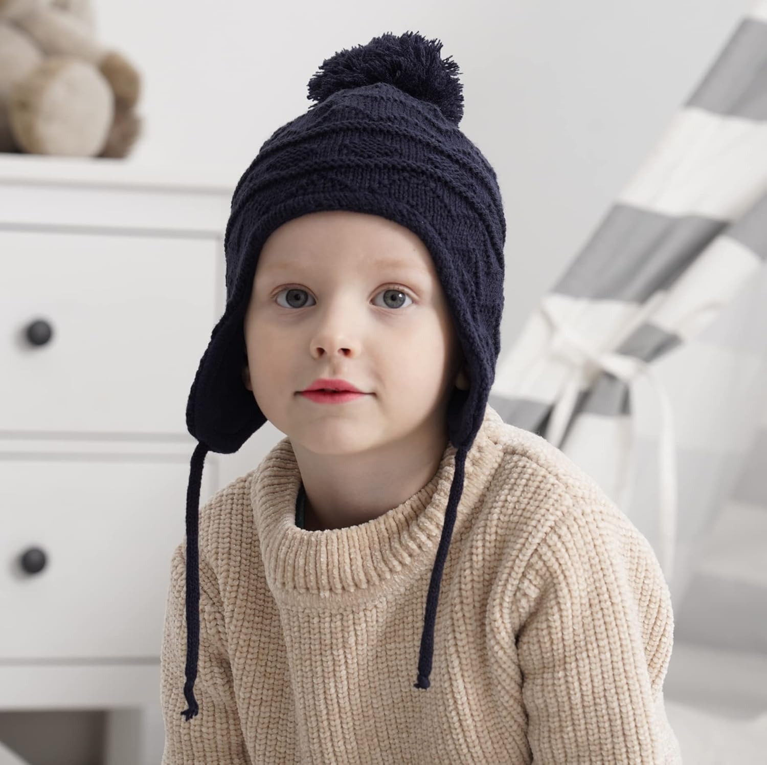 Connectyle Toddler Boys Girls Fleece Lined Knit Kids Hat with Earflap Winter Hat image number 6