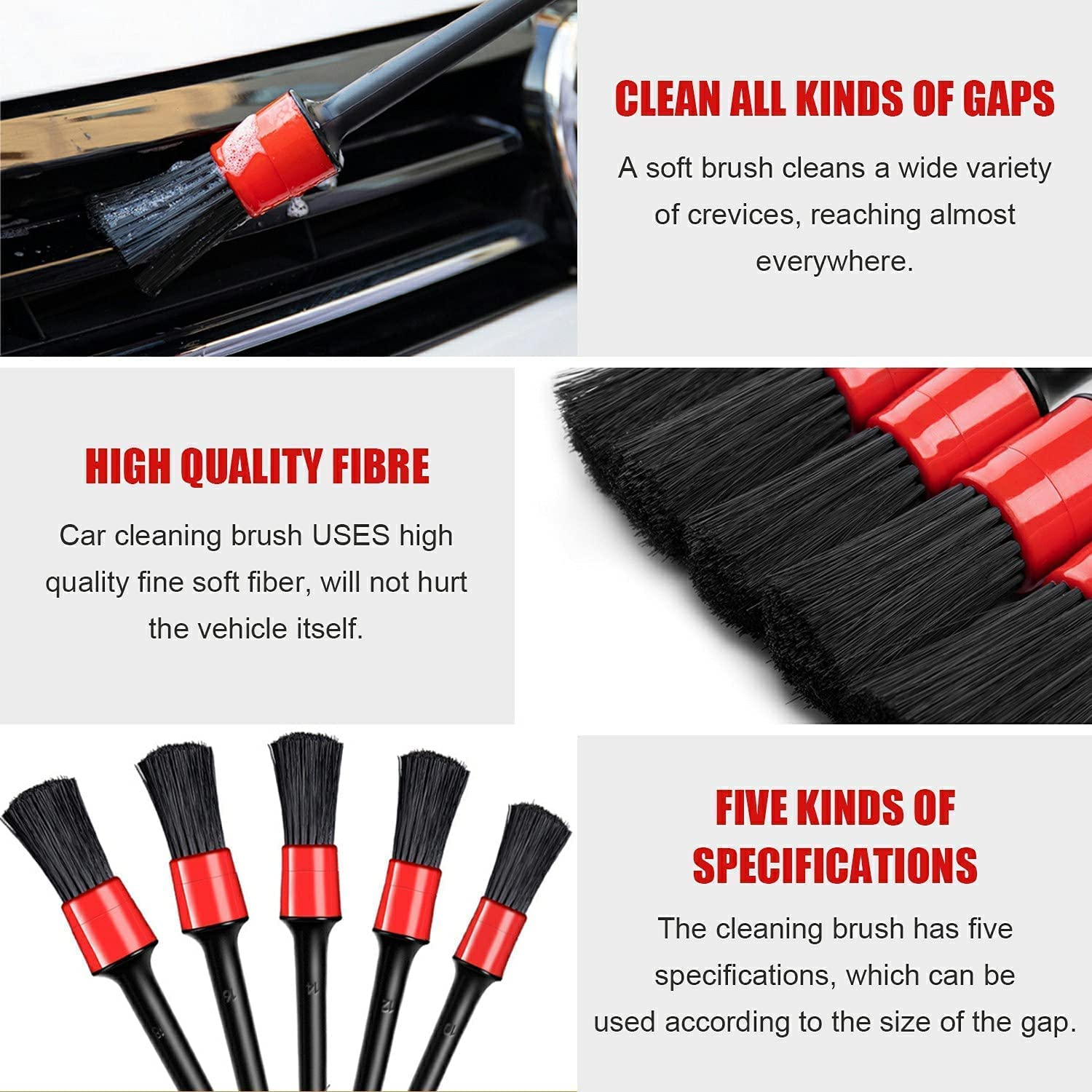 Car Detailing Brush Auto Detailing Brush, 5Packs Premium Car Detail Brush,Car Interior Cleaning Kit, Automotive Wheels Cleaner Emblems Brushes for Air Vents Interior Exterior Leather, Red
