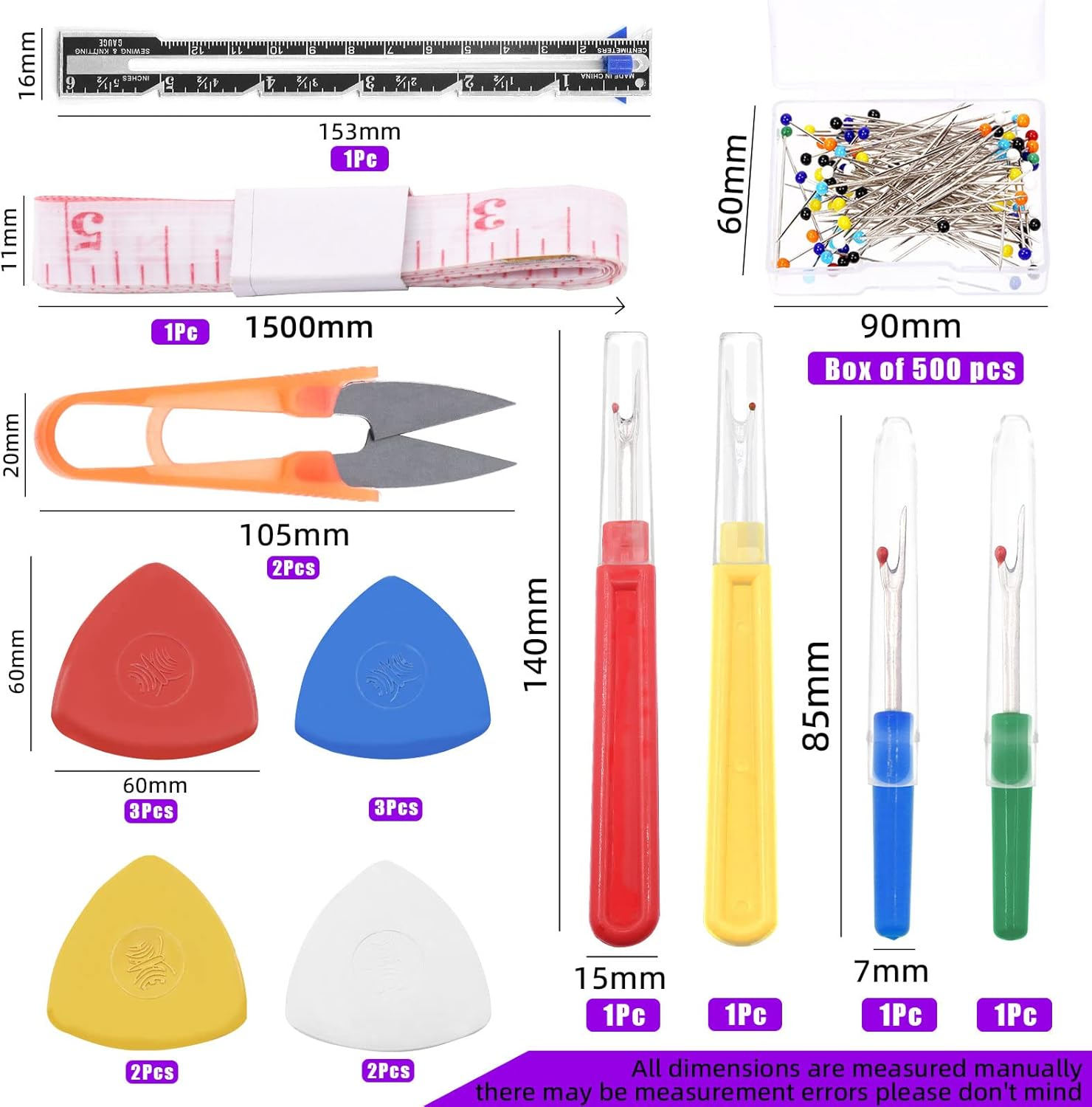 Swpeet 518Pcs Sewing Tools Kit, 10Pcs Professional Tailor'S Chalk, 1Pcs Sliding Gauge and 4Pcs Seam Ripper with 500Pcs Quilting Sewing Pins and 2Pcs Snip Scissor Assortment Kit, Thread Remover image number 6