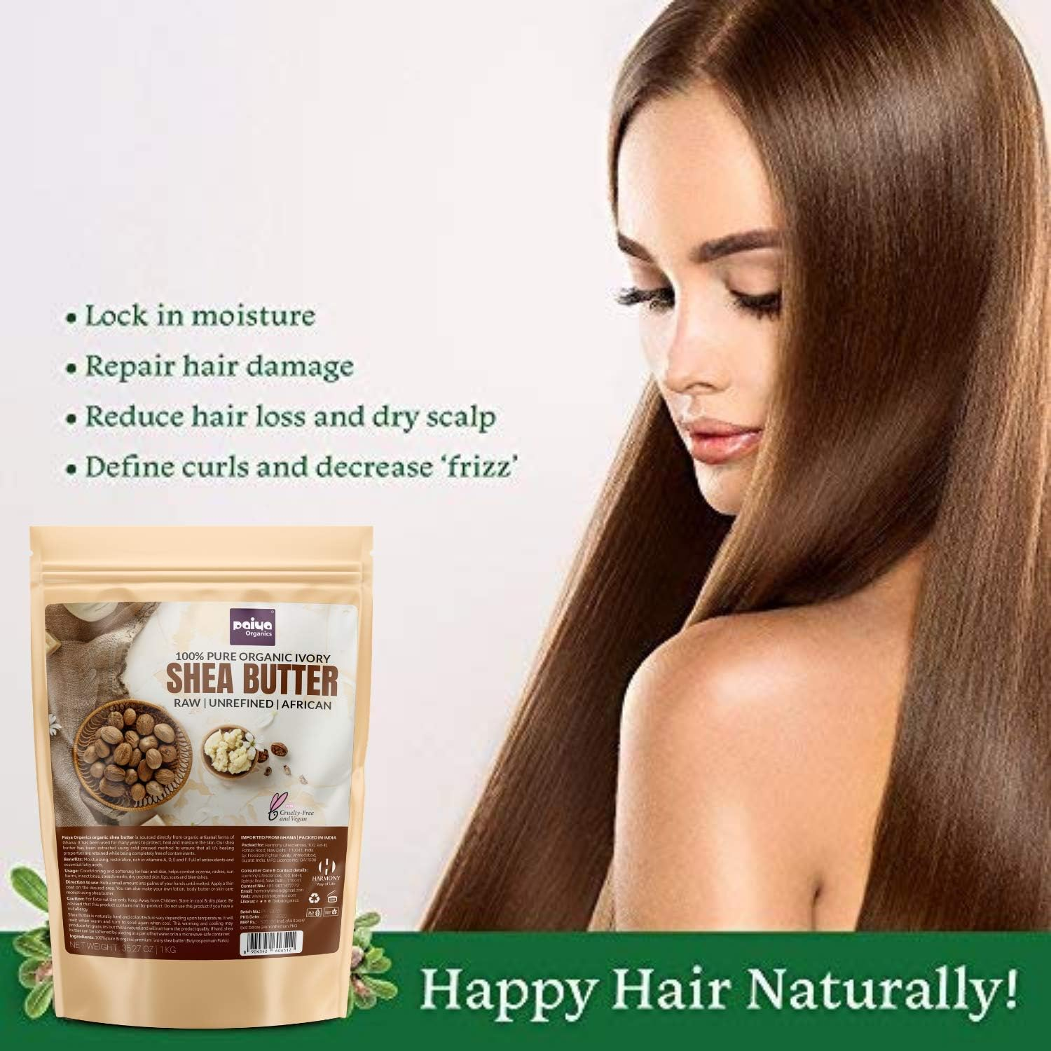 Paiya Organics&reg; 1 Kg Raw Unrefined Organic Shea Butter for Skin Face Hair, PETA Cruelty Free & Vegan, Super Saver Pack image number 1