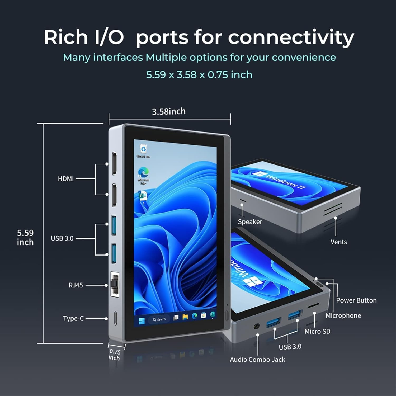 Mini Computer PC Mini Computer Decoration with Touchscreen Display 5.5 Inch Mini-Pc Desktop Celeron N5095 Windows 11 Pro, 8GB RAM 128GB ROM Dual Display Output 4K @ 60Hz, HDMI2.0, Type-C image number 6