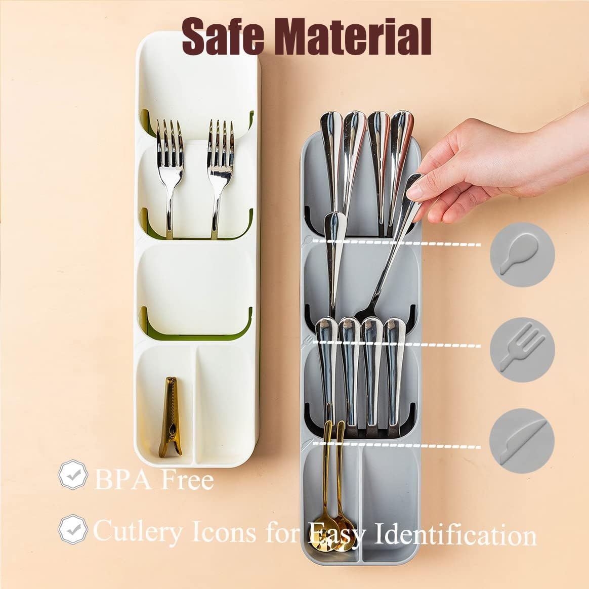 Compact Small Cutlery Tray Organiser, Utensil Holder for Drawers, Kitchen Silverware Drawer Organizer Divider for Spoons Forks & Short Knives, White Green image number 4
