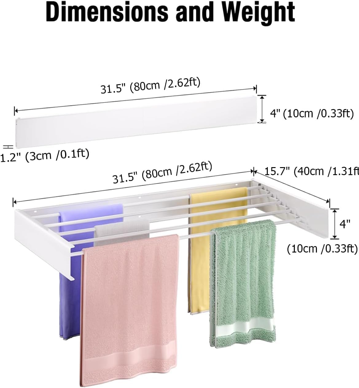 HOMIEST Laundry Drying Rack Collapsible, Wall Mounted Drying Rack, 31.5" Wide, 13.2 Linear Ft, 5 Aluminum Rods, 60 Lb Capacity, Laundry Racks for Drying Clothes with Wall Template Screwdriver Bit image number 6