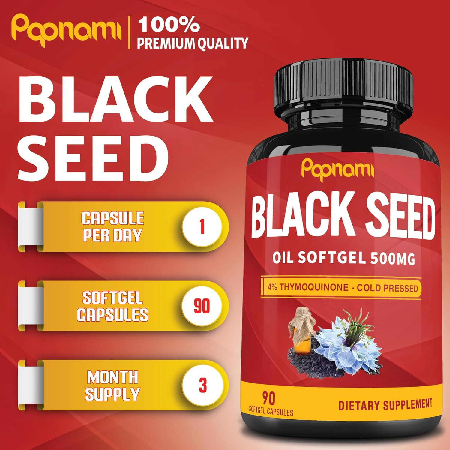 Organic Premium Black Seed Oil Capsules, 3 Months Supply | 4% Thymoquinone, Vitamin E, Omega 3 6 9 image number 1