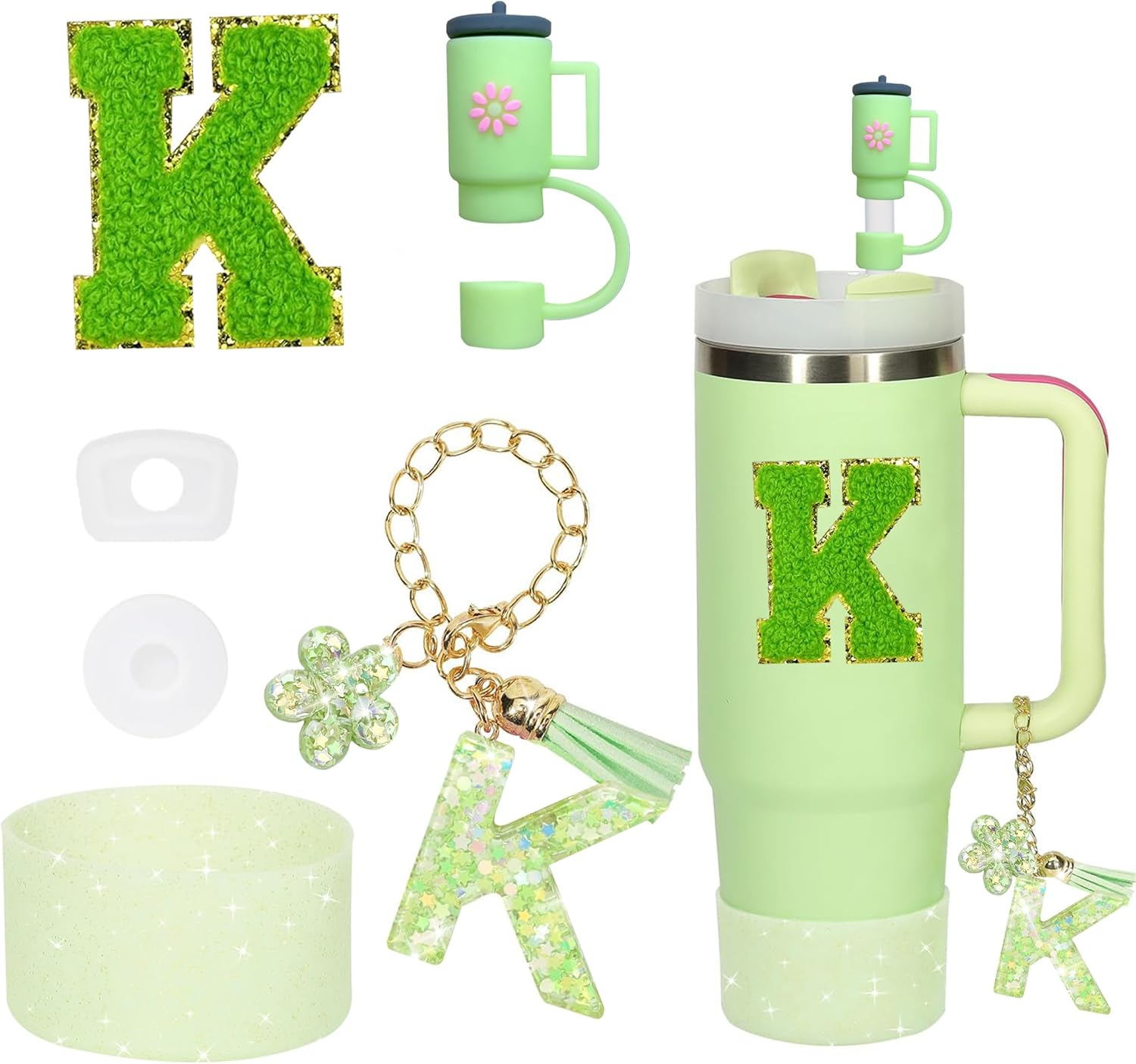 6PCS Cup Accessories Set for Stanley Cup 30Oz 40Oz Tumbler with Handle, Including Silicone Straw Topper Cover Cap and Boot, Spill Proof Stopper, Handle Charm, Initials Sticker(Green S) image number 4