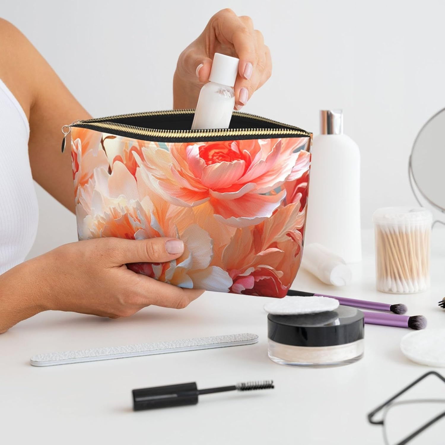 SDTYKHJ Large Capacity Makeup Bag for Women, Waterproof Portable Shaving Bag, Small Toiletry Bag, Peach Peony, Leather, Travel Cosmetic Organizer Bags, Gold, One Size image number 3