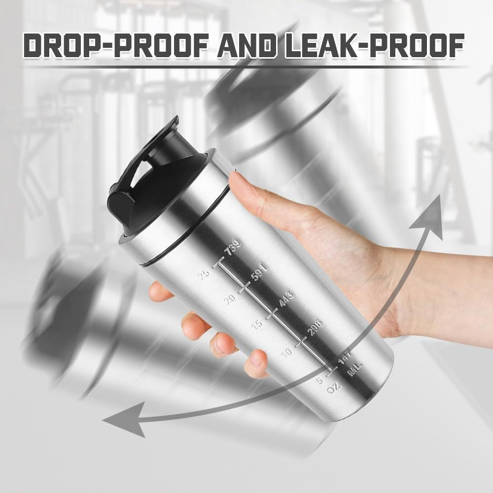 Protein Shaker Bottle 750Ml, Stainless Steel Protein Shaker with Mixball, Leak Proof Metal Shakers, Protein Mixer Shaker Cup, BPA Free Fitness Bottle Shakers image number 2