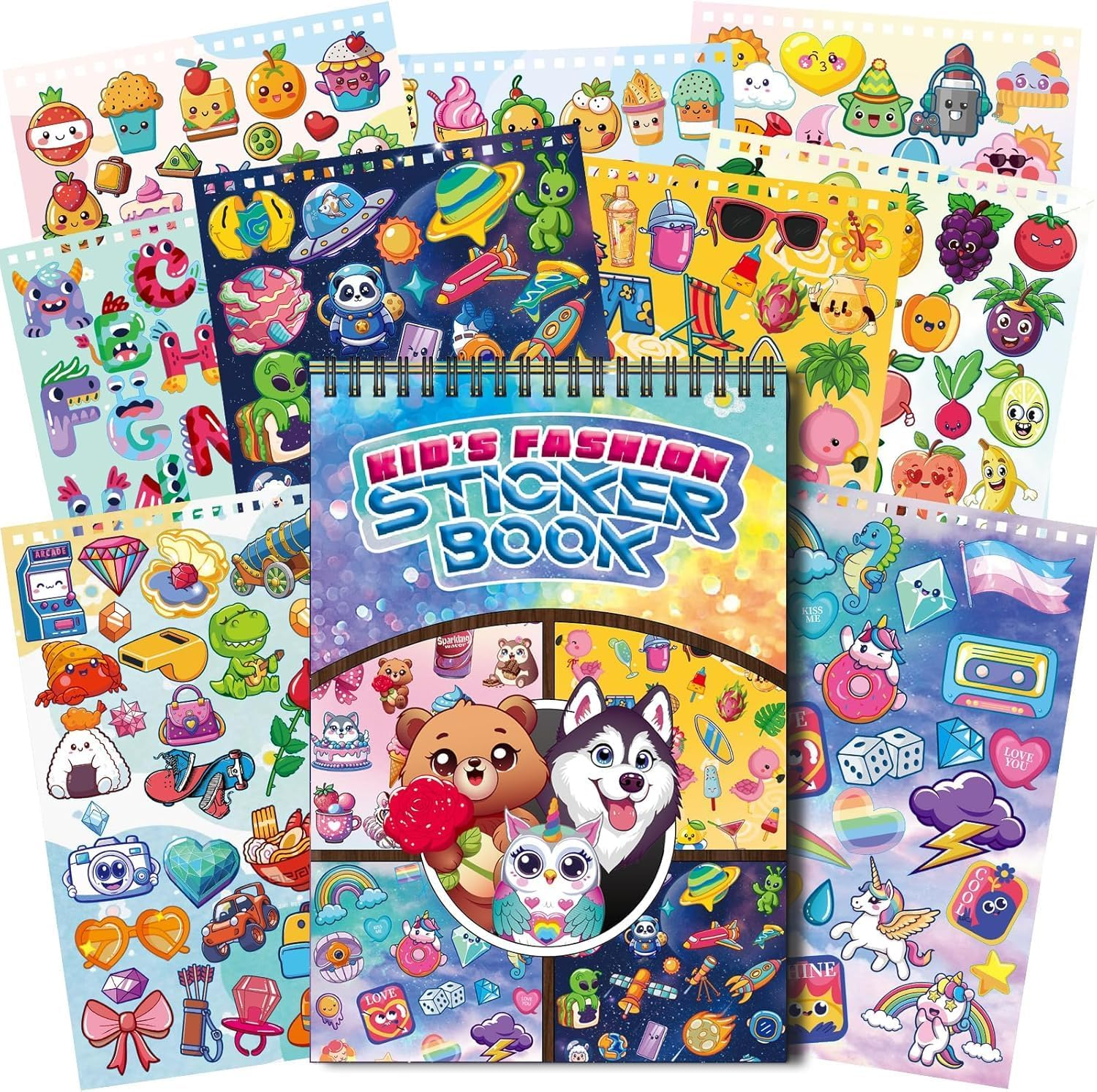 1000+ Cute Animal Sticker Book for Kids,Spiral Bound Sticker Book,Unicorn,Space,Letter,Fruits,Foods,15 Themes 30 Pages Stickers, Water Bottle Stickers Packs for Girls Teens image number 3