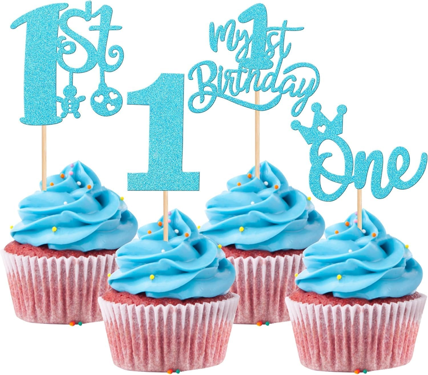 SYKYCTCY 24 Pack One Birthday Cupcake Toppers Glitter Happy 1St Birthday Cupcake Picks Crown Happy Birthday Cake Decorations for First Baby Shower Anniversary Party Supplies (Pink)