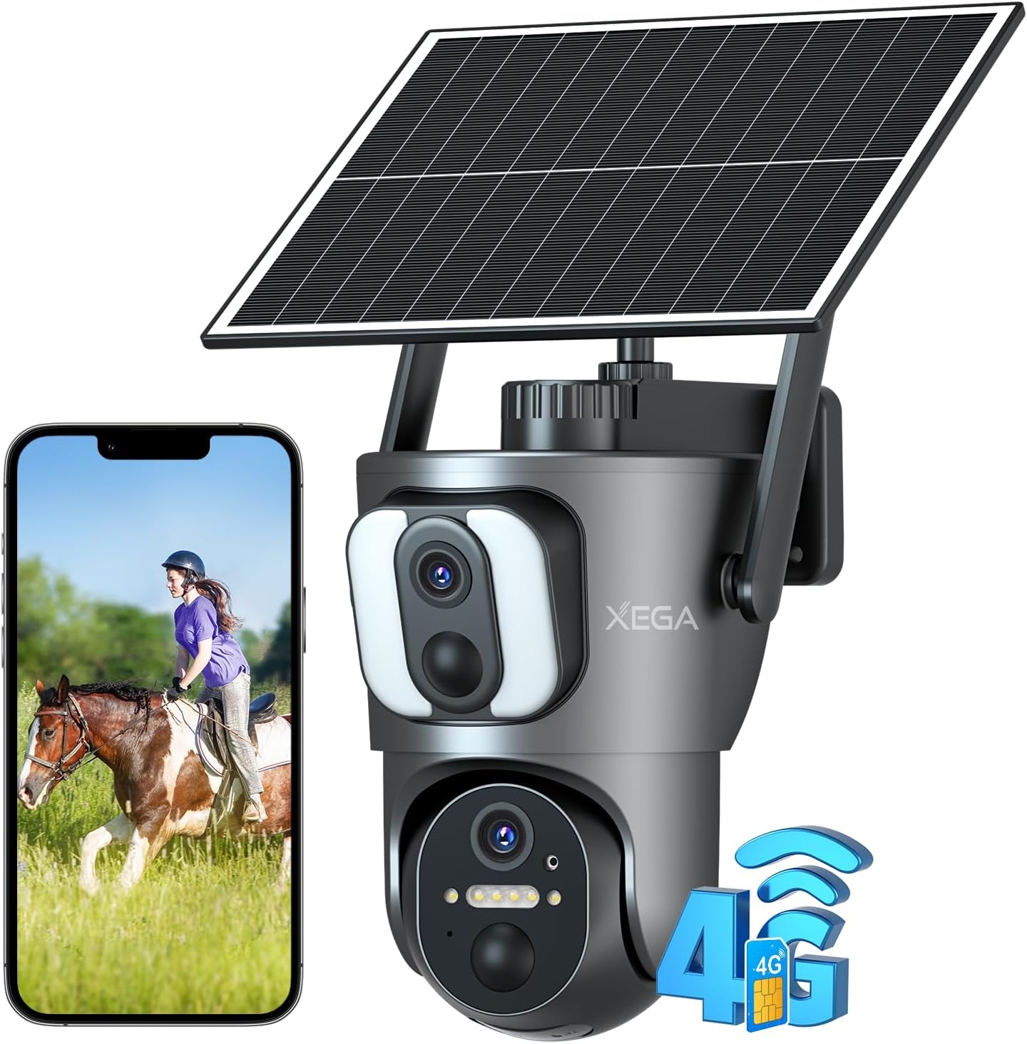 Xega 4G【Dual Lens】 Security Camera Outdoor with SIM Card, 14400Mah Solar Powered Wireless No Wifi Security Camera, 2K HD PTZ CCTV with Human Detection Spotlight Siren Alert TF Cloud Storage IP66 image number 1