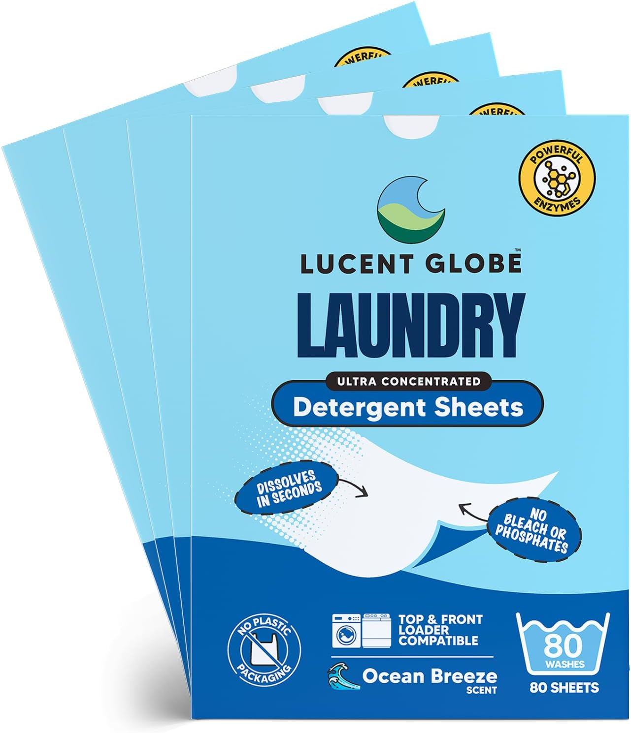 Lucent Globe Sensitive Laundry Detergent Sheets, Plant-Based, Biodegradable, Plastic Free Packaging. (1 Pack of 80 Washes, Ocean Breeze) (4 Pack of 320 Washes, Ocean Breeze)