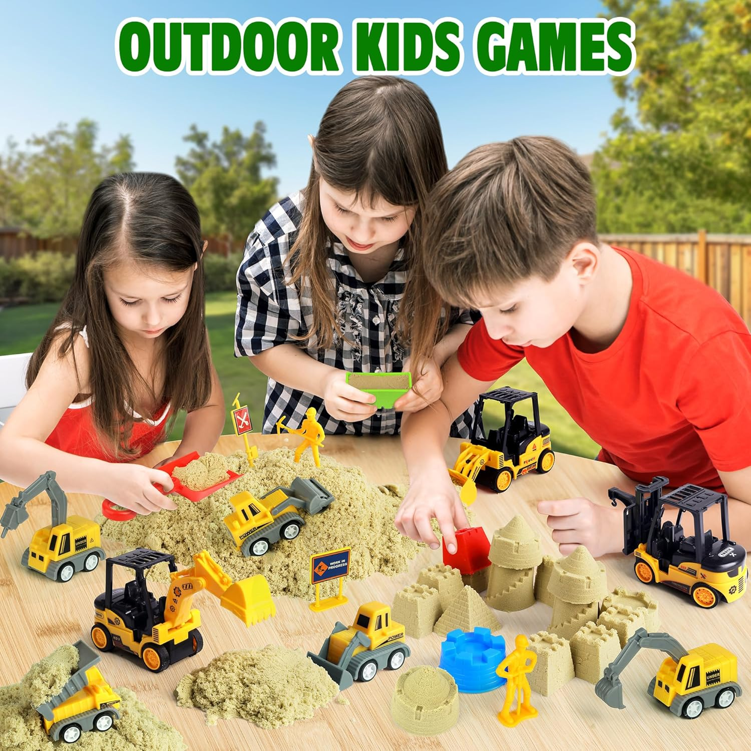 Billeeit Sand Construction Kit with a Big Foldable Sandbox and 2.2Lbs Magic Sand, Truck Sand Construction Toys Including Castle Molds and Other Accessories 36Pcs Total, Play Sand Art Set for Kids 3+