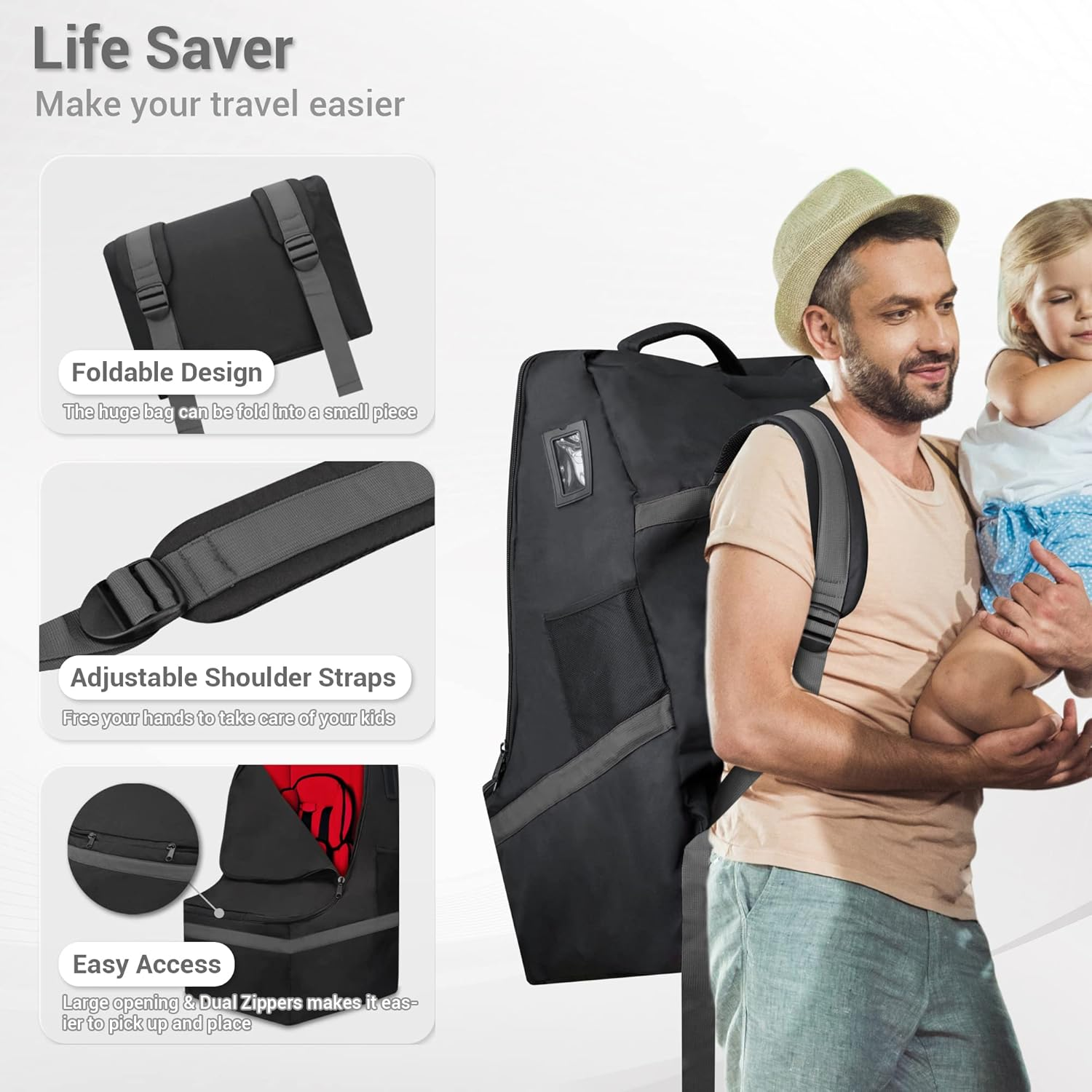 Car Seat Travel Bag - Padded, Comfortable, Durable, Roomy Gate Check Carseat Cover Backpack - Fits 3-In-1, Convertible, Booster & Infant Car Seats for Airplane, Airport - Gray, Grey image number 1