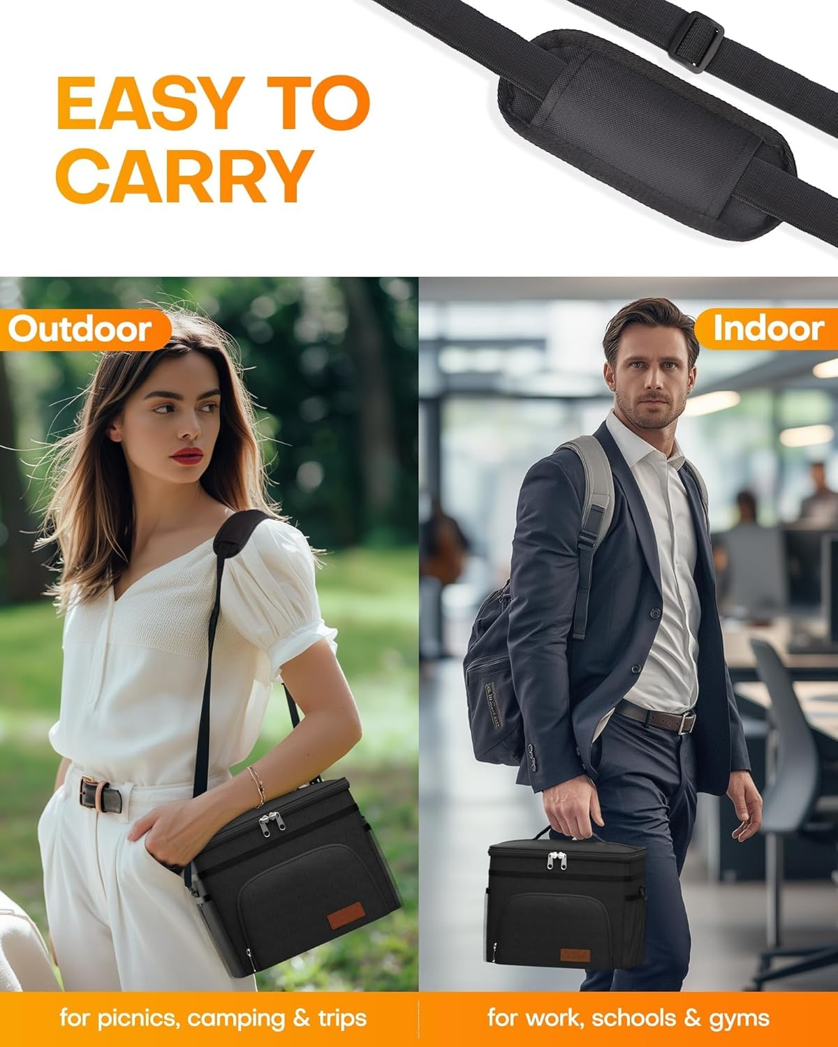 Insulated Lunch Box, Leakproof Insulated Lunch Box, 15L Soft Cooler Cooling Tote Bag, with Adjustable Shoulder Strap, Reusable Lunch Bags for Adult Men, Women, for Work, Picnic (Black) image number 4