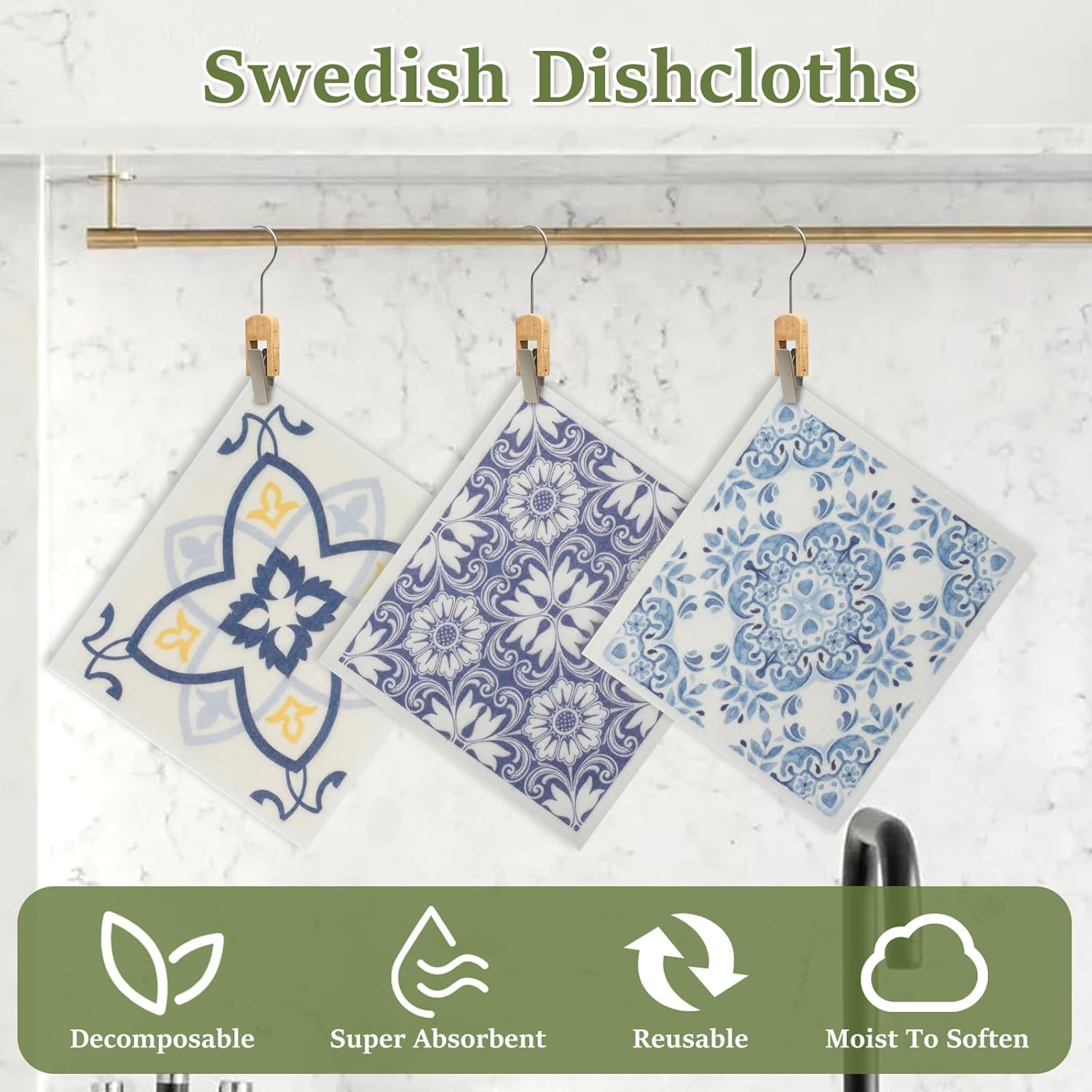 6Pcs Swedish Dishcloths - Reusable Kitchen Dish Cloth Towels - Absorbent Kitchen Dish Rags - Soft Cellulose Sponge Cloths - 7.7 X 6.7Inch - Blue, Geometric Pattern