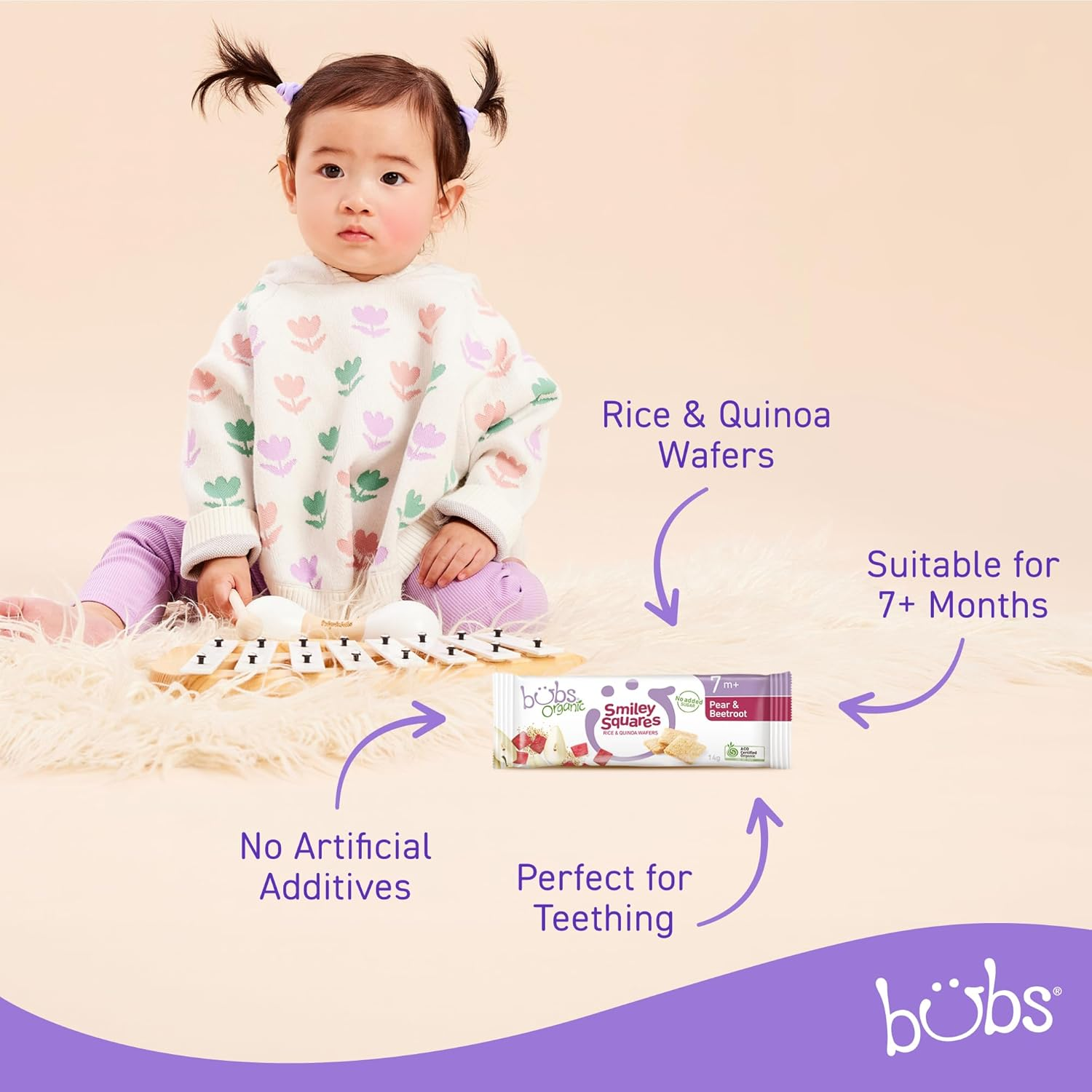 Bubs Organic Pear & Beetroot Smiley Squares, Rice & Quinoa Baby Snacks, for Babies 7+ Months, 14G (Pack of 3) image number 4