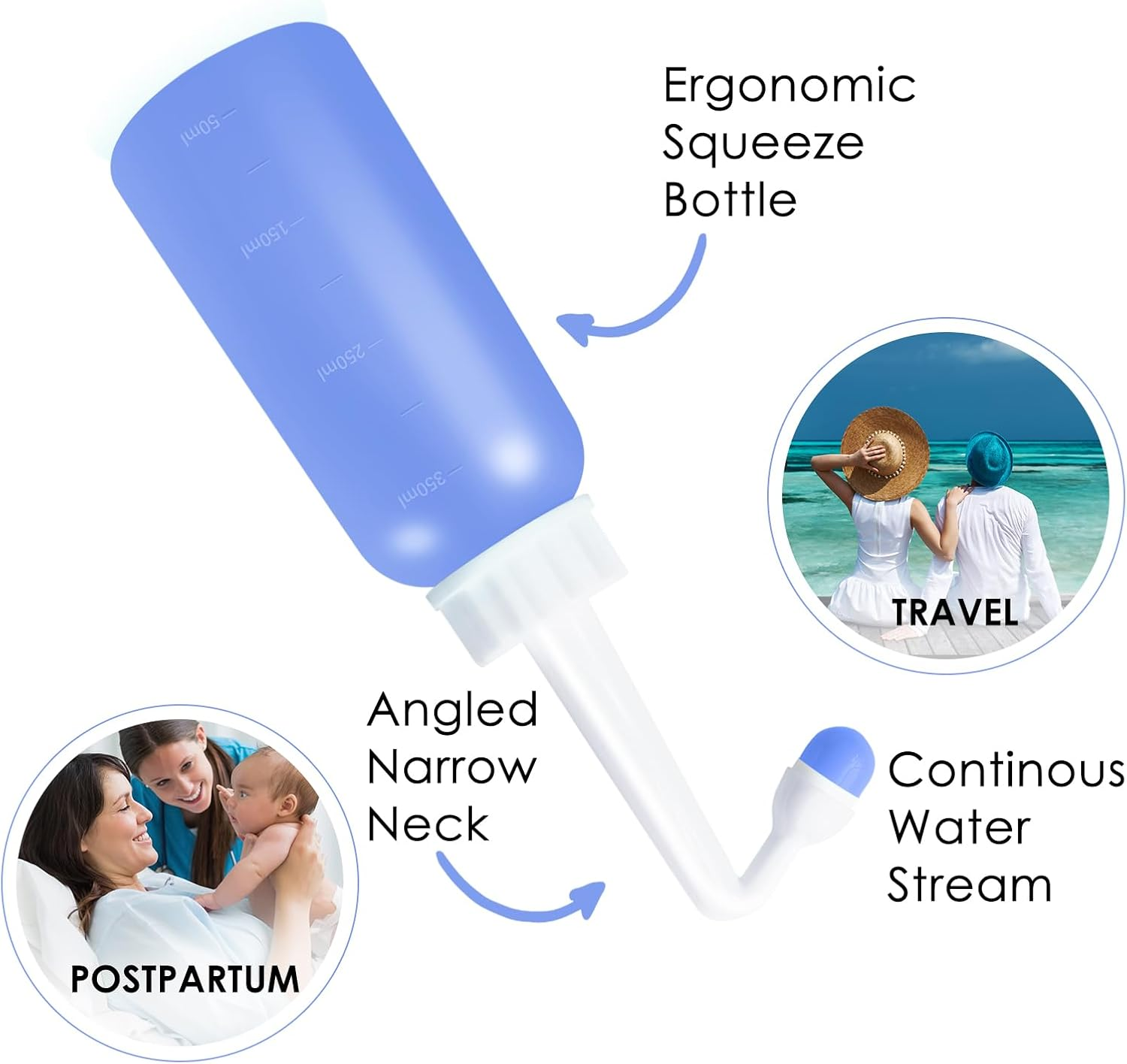 RUFCRIL Mini Peri Bottle, 350Ml Portable Travel Bidet with Extra Ring and Carry Bag, TPE Material for High Temperature Resistance, Essentials for Postpartum Perineal Care,Hemorrhoid Treatment, Blue image number 6