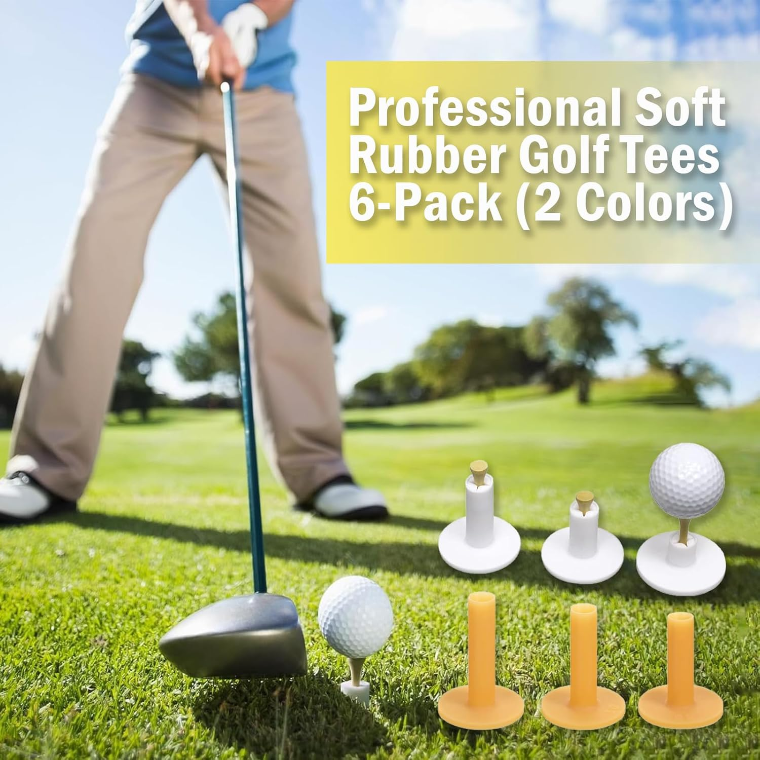 Golf Rubber Tees Holder Set, 6 Pieces Driving Range Tees, Multiple Heights 0.984-3.15 Inch, White and Yellow Plastic Colorful Golf Tees for Golf Practice Mat image number 6