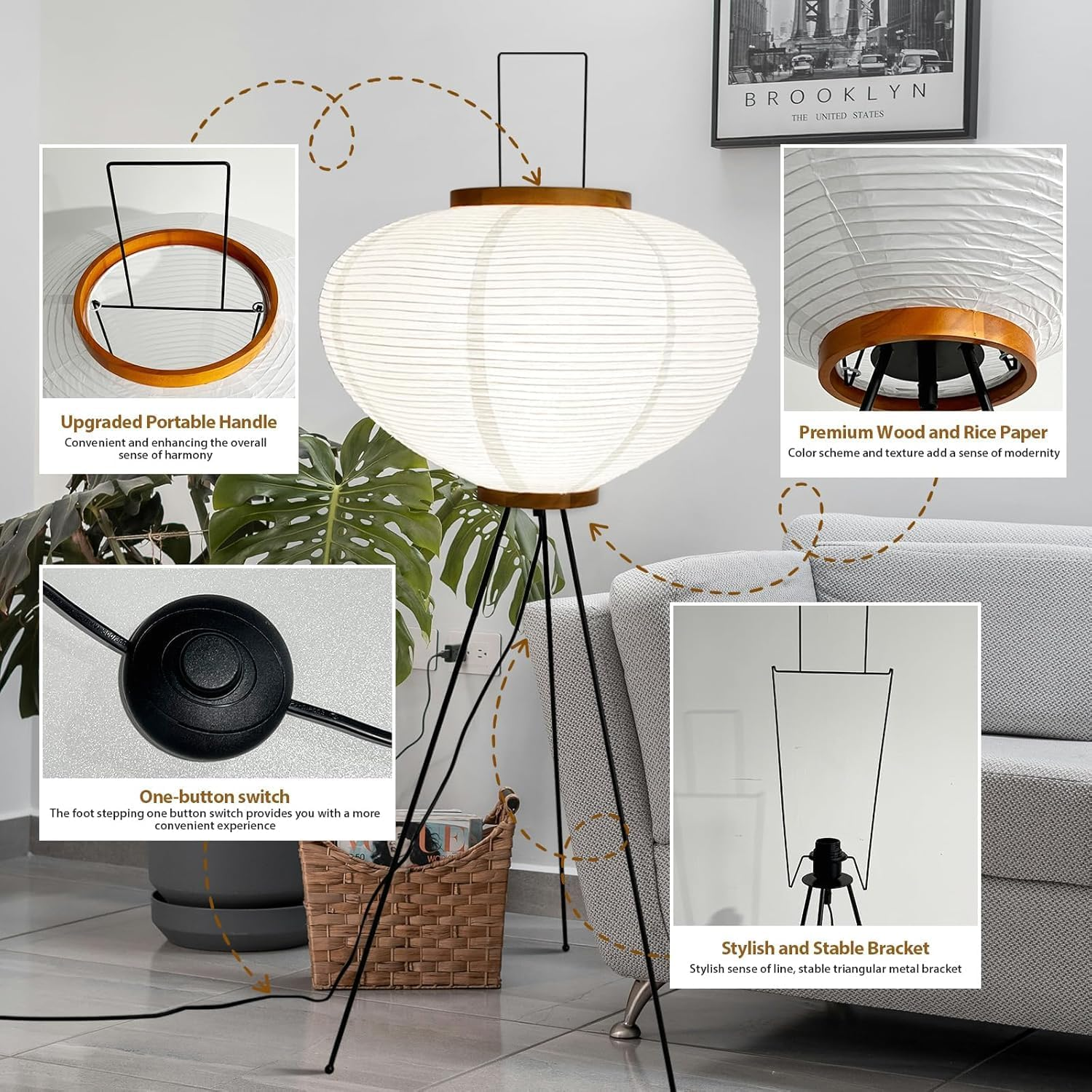 Noguchi Paper Lamp, Rice Paper Akari Floor Lamp, Paper Lantern Lamp with Washi Paper Shade, Ideal for Bedside, Living Room, and Japandi D&eacute;cor image number 3