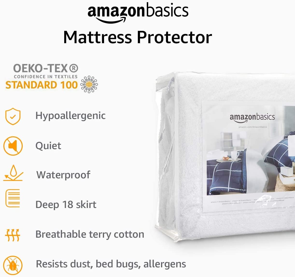 Amazon Basics Hypoallergenic Waterproof Fitted Mattress Protector Cover, King, White, 45.7 Cm
