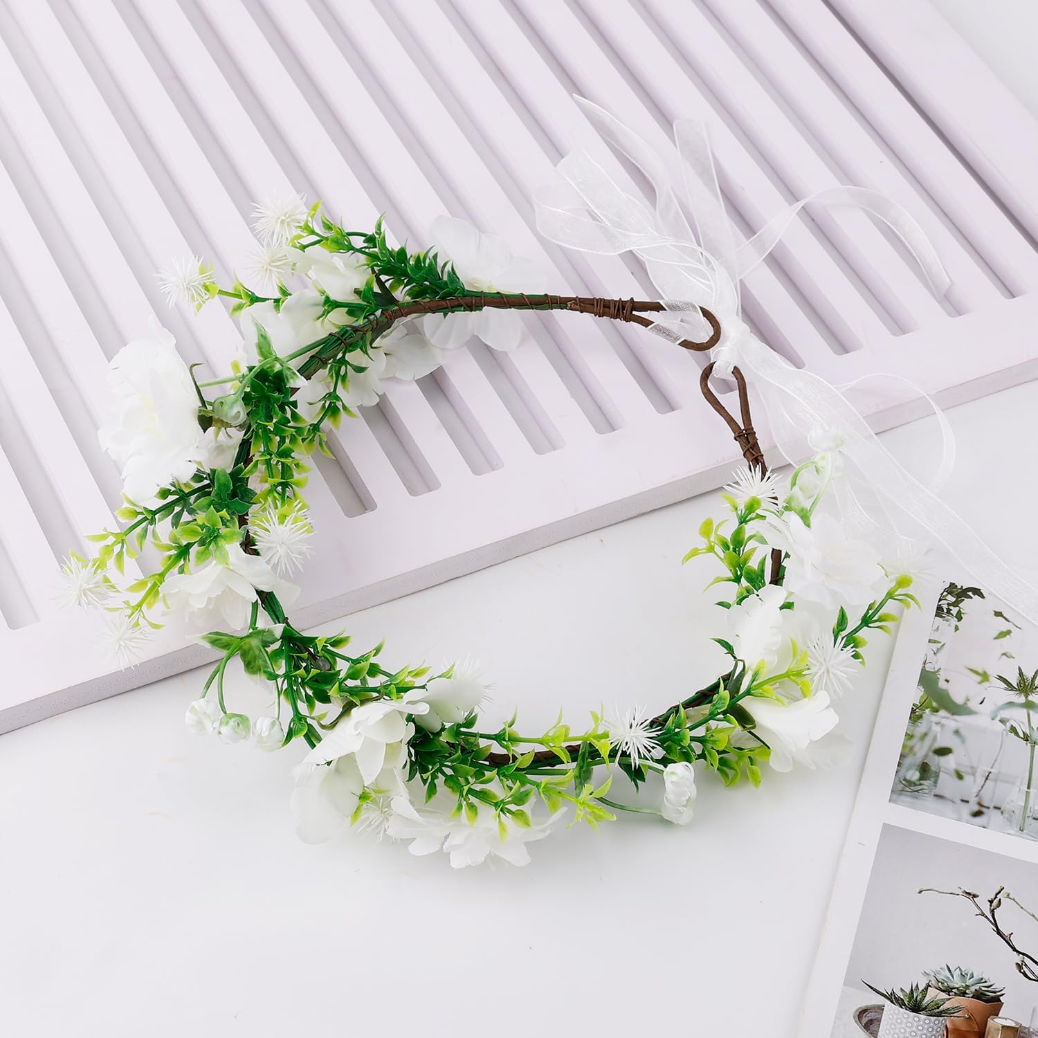 Dog Wedding Flower Crown, Floral Garland Collar Dog Flower Wreath Bow Pet Flower Ring Wedding Attire for Photo Props image number 1