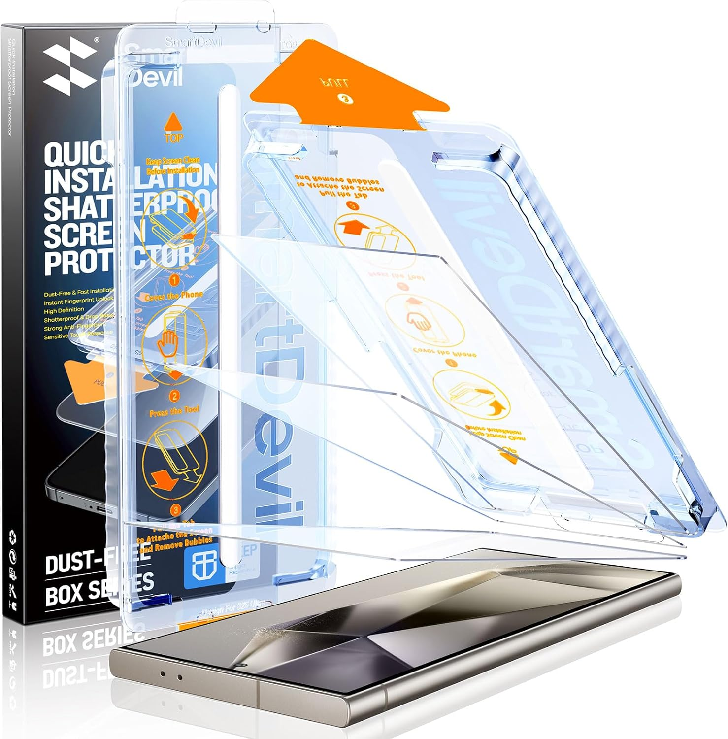 SMARTDEVIL [3 Pack] Screen Protector for Samsung Galaxy S24 Ultra (6.8 Inch), Fast & Easy Installation, Clear 9H Tempered Glass Film, Bubble-Free & Dust-Free, Support Fingerprint & Face ID Reader image number 5