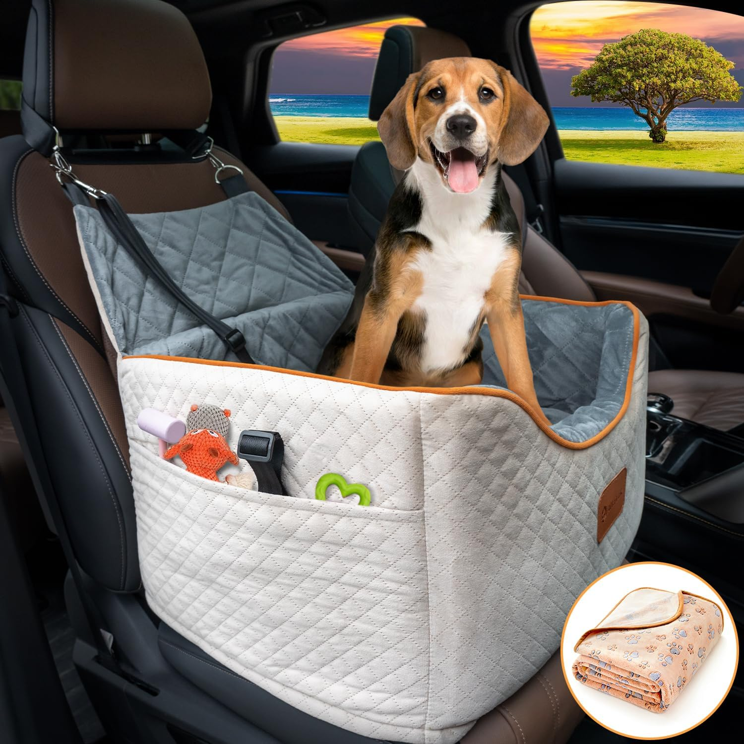 Memory Foam Pet Booster Seat with Washable Cover - Elevated, Anti-Slip for Small Dogs up to 35Lbs, Seat Belt, Storage, Blankets image number 5