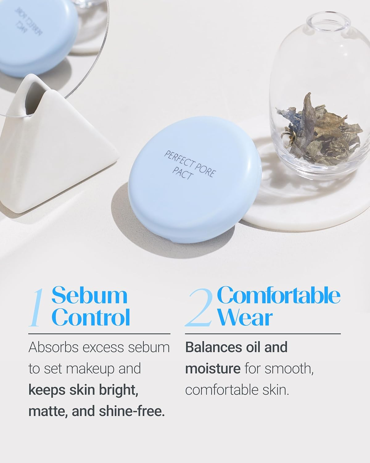 THESAEM Sebum Control Makeup Pressed Powder Pact, Pore Minimization, Plant-Based Setting Finishing Powder to Absorb Sweat and Prevent Clumps, with Mirror and Puff - Saemmul Perfect Pore Pact 12G image number 1
