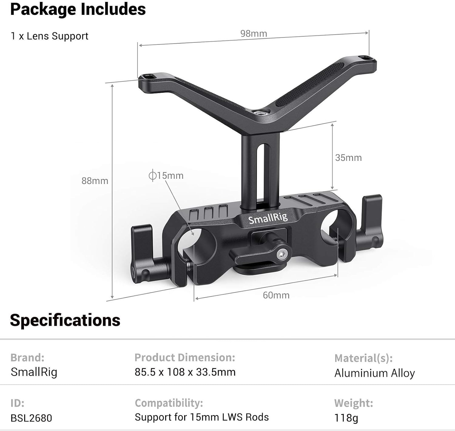 SMALLRIG 15Mm Long Lens Support Bracket Height Adjustable for DSLR Camera Shoulder Rig - BSL2680 image number 1