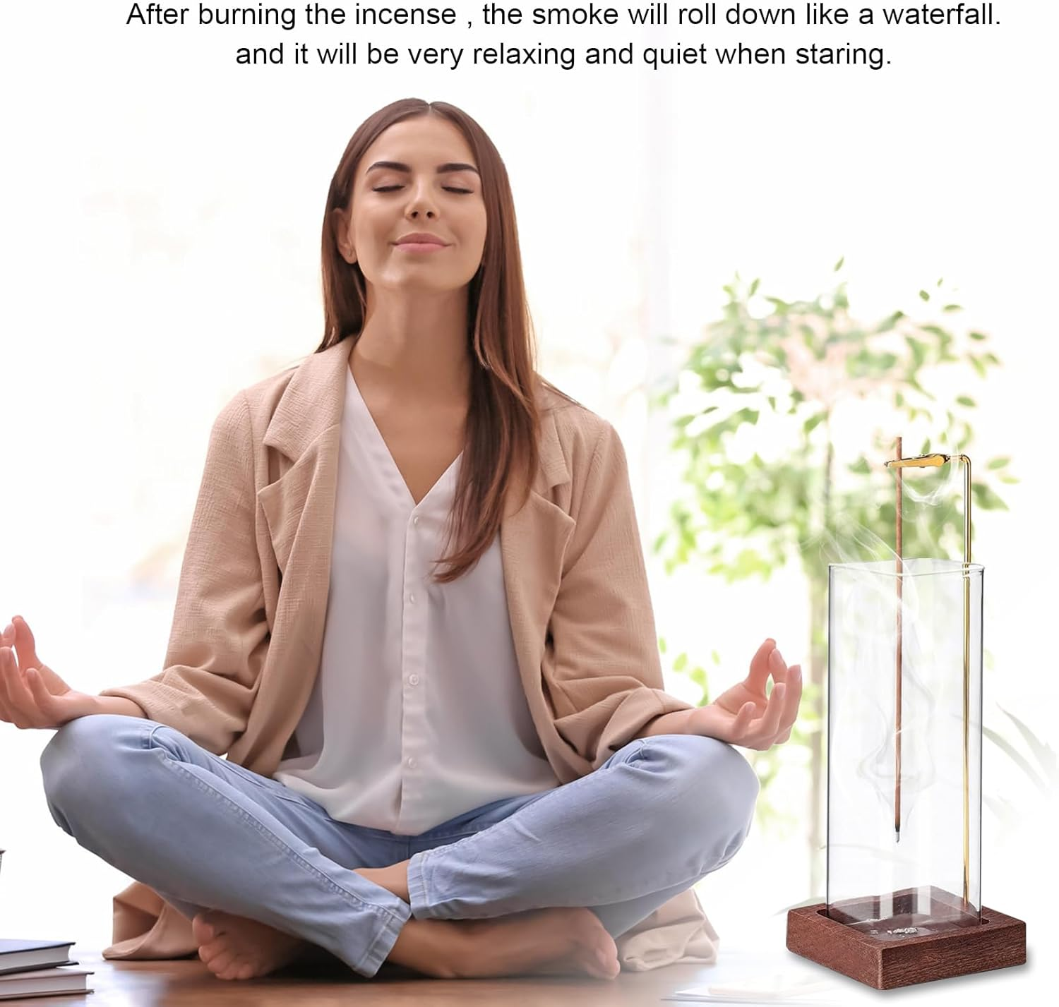 Incense Holder Wooden, Brass Incense Burner Holder with Removable Glass Ash Catcher Incense, Upside-Down Ash Catcher for Yoga Spa Meditation Home Decor image number 1